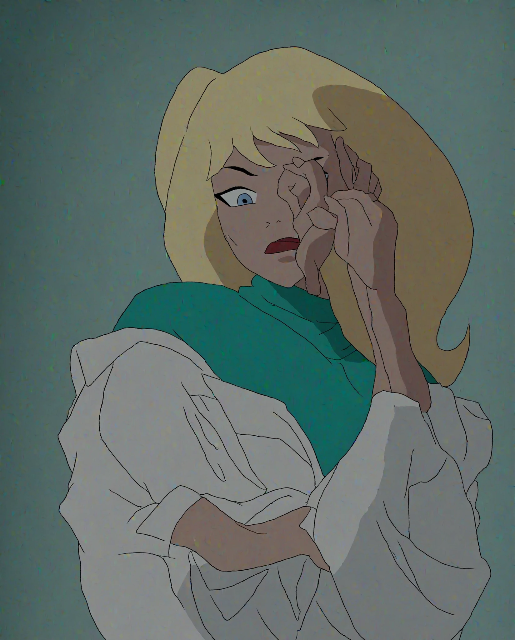 sapphirestagg, 1girl, blonde hair, long hair, green turtleneck, White shirt, 