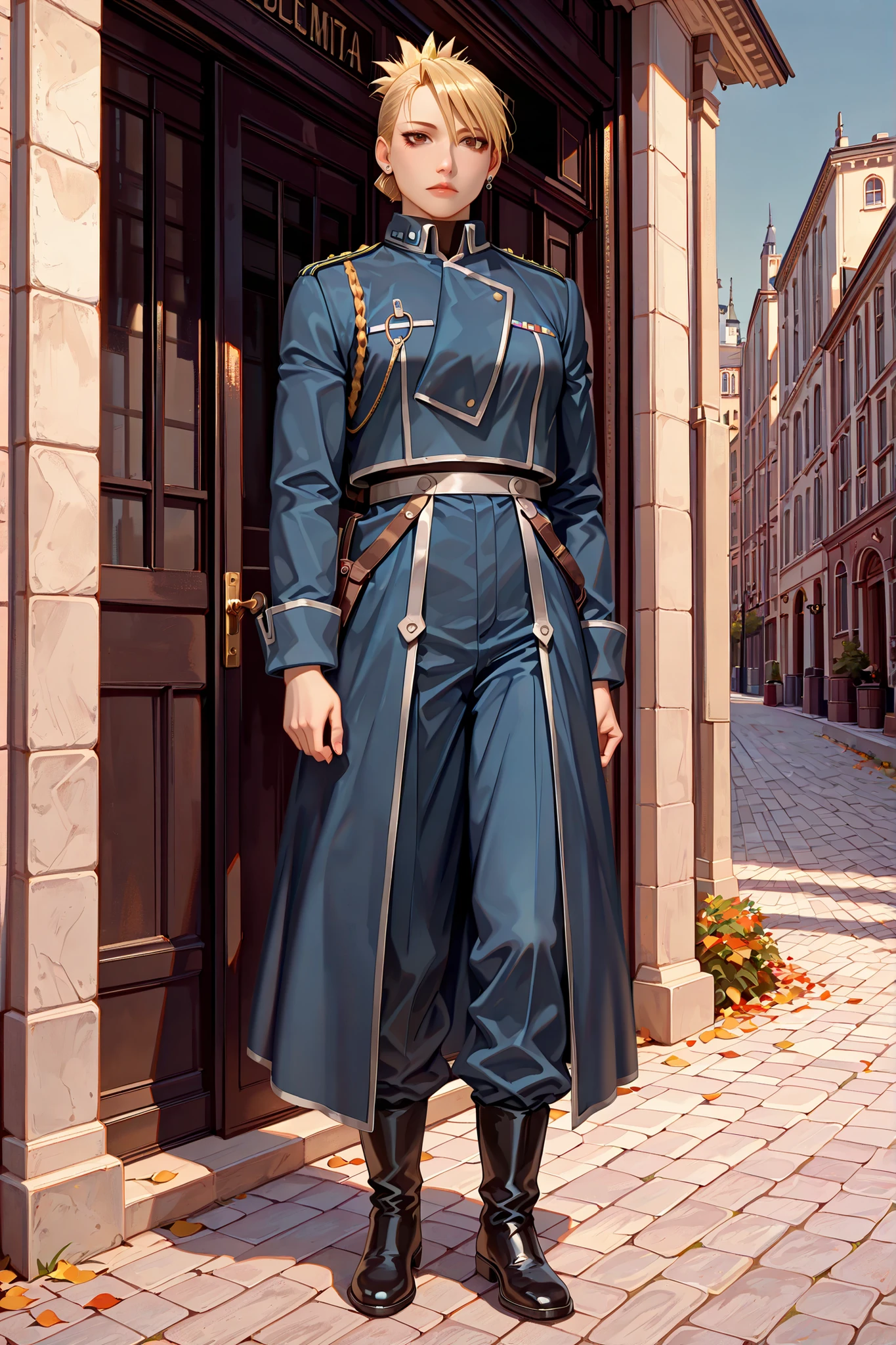 riza, 1girl, solo, brown eyes, blonde hair, folded ponytail, jewelry, earrings, uniform, military, military uniform, shirt, black shirt, jacket, blue jacket, long sleeves, aiguillette, pants, blue pants, boots, black footwear, beautiful brown eyes, full body view, anatomically accurate ratio, the girl looks directly at the viewer, the girl is very beautiful, the girl has an incredibly beautiful face, detailed skin image. Central City. Central Command Headquarters, from anime fullmetal alchemist brotherhood. The girl is standing at the main entrance to the headquarters, day, blue sky, warm colors, elegant pose, beautiful composition, picturesque style, autumn, a girl looks at us gentle, high resolution, HD, proper lighting, soft natural light, realistic aesthetic, masterpiece, best quality, amazing quality, very aesthetic, absurdres, newest, colorful, ultra-high resolution, detailed background.