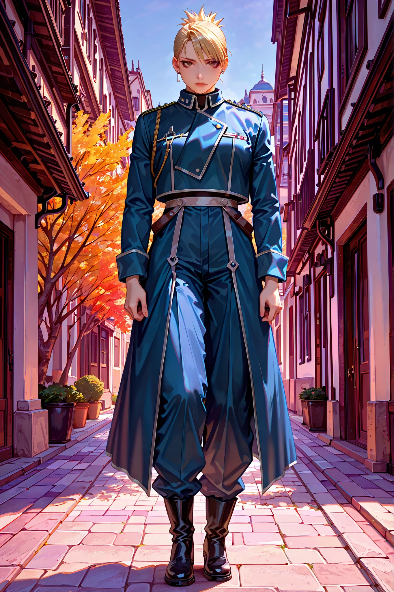 riza, 1girl, solo, brown eyes, blonde hair, folded ponytail, jewelry, earrings, uniform, military, military uniform, shirt, black shirt, jacket, blue jacket, long sleeves, aiguillette, pants, blue pants, boots, black footwear, beautiful brown eyes, full body view, anatomically accurate ratio, the girl looks directly at the viewer, the girl is very beautiful, the girl has an incredibly beautiful face, detailed skin image. Central City. Central Command Headquarters, from anime fullmetal alchemist brotherhood. The girl is standing at the main entrance to the headquarters, day, blue sky, warm colors, elegant pose, beautiful composition, picturesque style, autumn, a girl looks at us gentle, high resolution, HD, proper lighting, soft natural light, realistic aesthetic, masterpiece, best quality, amazing quality, very aesthetic, absurdres, newest, colorful, ultra-high resolution, detailed background.