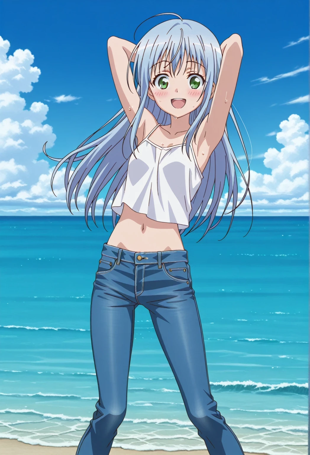 score_9, score_8_up, score_7_up, source_anime, highres, hi res, ((best quality, top quality, perfect quality, Highest Quality, amazing quality)), {{masterpiece}}, {{an extremely delicate and beautiful}}, 2d, intricate details, official style, anime, 8k, anime style, official_anime, official art, digital painting, cell shading, soft shading, high resolution, soothing tones, Subdued Color, Soft cinematic light, adobe lightroom, photolab, HDR, intricately and hyper-detailed, ((high quality animation)), 1 girl, Alone, solo, ((ocean)), tsunami, on the water, day, sunny, outdoors, sky, windy, index librorum prohibitorum, green eyes, light blue hair, long hair, anime screencap, small breasts, white camisole top, crop top, white crop top, best quality, hyper-detailed jeans, ((blue jeans:1.9)), (dark blue jeans:0.6), full medium body, medium shot, Open mouth, smiling, happy face, blush, sweat, standing, ((arms behind head:6.0)), bowlegged, jumping pose, action, looking at viewer, spread legs, Bend knees slightly, straight-on front view