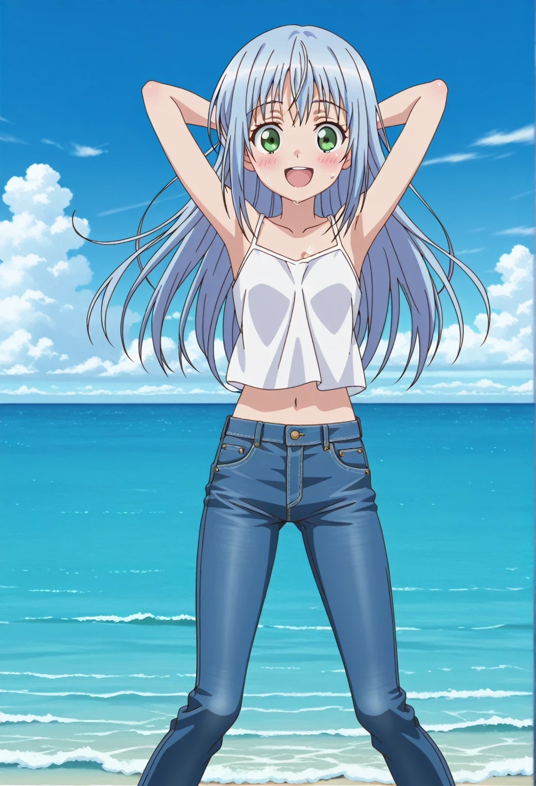 score_9, score_8_up, score_7_up, source_anime, highres, hi res, ((best quality, top quality, perfect quality, Highest Quality, amazing quality)), {{masterpiece}}, {{an extremely delicate and beautiful}}, 2d, intricate details, official style, anime, 8k, anime style, official_anime, official art, digital painting, cell shading, soft shading, high resolution, soothing tones, Subdued Color, Soft cinematic light, adobe lightroom, photolab, HDR, intricately and hyper-detailed, ((high quality animation)), 1 girl, Alone, solo, ((ocean)), tsunami, on the water, day, sunny, outdoors, sky, windy, index librorum prohibitorum, green eyes, light blue hair, long hair, anime screencap, small breasts, white camisole top, crop top, white crop top, best quality, hyper-detailed jeans, ((blue jeans:1.9)), (dark blue jeans:0.6), full medium body, medium shot, Open mouth, smiling, happy face, blush, sweat, standing, ((arms behind head:6.0)), bowlegged, jumping pose, action, looking at viewer, spread legs, Bend knees slightly, straight-on front view