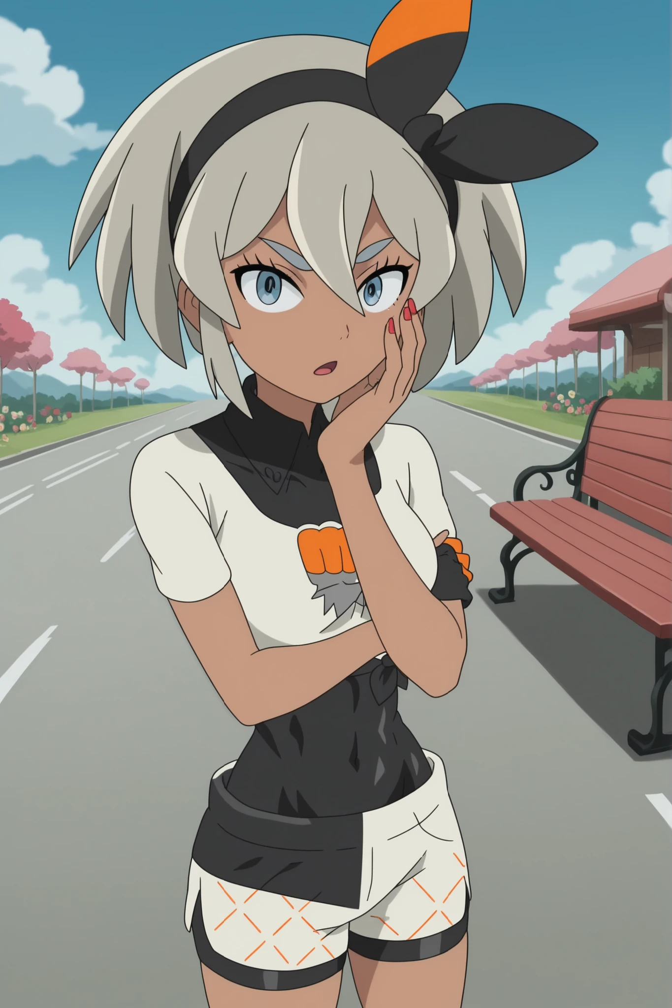 bodysuit, covered navel, shorts, single glove, glove, crop top, white shirt, short sleeves, collar, white shorts,, pokemonbea, blue eyes, dark skin, dark-skinned female, grey hair, hair between eyes, short hair, ribbon, hair ribbon, hairband, black ribbon, black hairband,,anime screencap,, dagashi kashi, solo, looking at viewer, open mouth, hair ornament, bow, flower, short sleeves, outdoors, frills, hairband, sky, day, cloud, hair flower, nail polish, rose, red nails, hand on own face, breast hold, hand on own cheek, ringed eyes, road, bench, black flower, sidewalk,