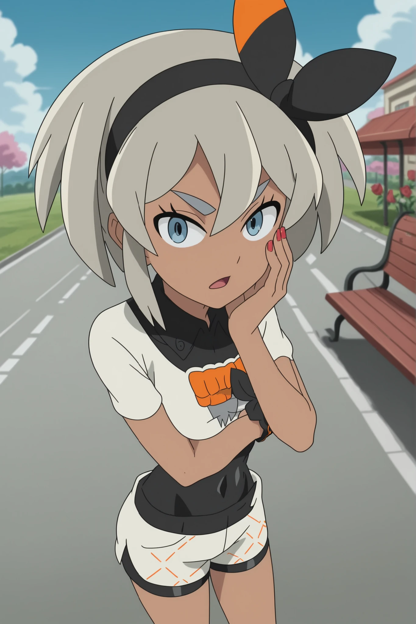 bodysuit, covered navel, shorts, single glove, glove, crop top, white shirt, short sleeves, collar, white shorts,, pokemonbea, blue eyes, dark skin, dark-skinned female, grey hair, hair between eyes, short hair, ribbon, hair ribbon, hairband, black ribbon, black hairband,,anime screencap,, dagashi kashi, solo, looking at viewer, open mouth, hair ornament, bow, flower, short sleeves, outdoors, frills, hairband, sky, day, cloud, hair flower, nail polish, rose, red nails, hand on own face, breast hold, hand on own cheek, ringed eyes, road, bench, black flower, sidewalk,