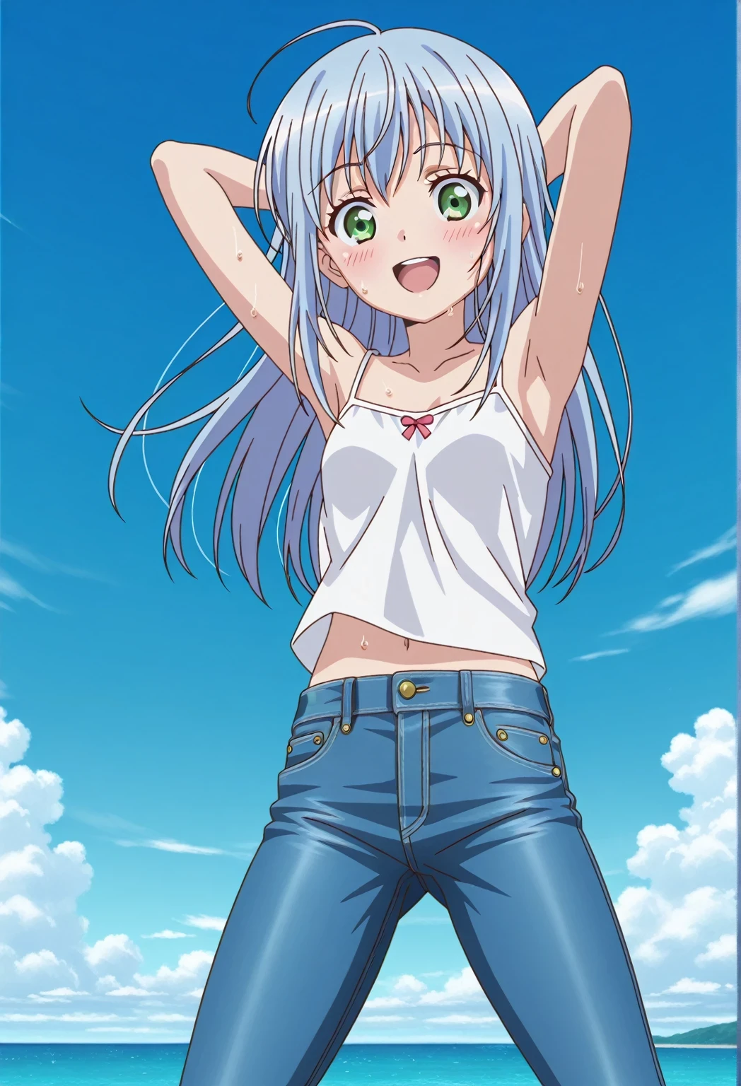 score_9, score_8_up, score_7_up, source_anime, highres, hi res, ((best quality, top quality, perfect quality, Highest Quality, amazing quality)), {{masterpiece}}, {{an extremely delicate and beautiful}}, 2d, intricate details, official style, anime, 8k, anime style, official_anime, official art, digital painting, cell shading, soft shading, high resolution, soothing tones, Subdued Color, Soft cinematic light, adobe lightroom, photolab, HDR, intricately and hyper-detailed, ((high quality animation)), 1 girl, Alone, solo, ((ocean)), tsunami, on the water, day, sunny, outdoors, sky, windy, index librorum prohibitorum, green eyes, light blue hair, long hair, anime screencap, small breasts, white camisole top, crop top, white crop top, best quality, hyper-detailed jeans, ((blue jeans:1.9)), (dark blue jeans:0.6), full medium body, medium shot, Open mouth, smiling, happy face, blush, sweat, standing, ((arms behind head:6.0)), bowlegged, jumping pose, action, looking at viewer, spread legs, Bend knees slightly, straight-on front view