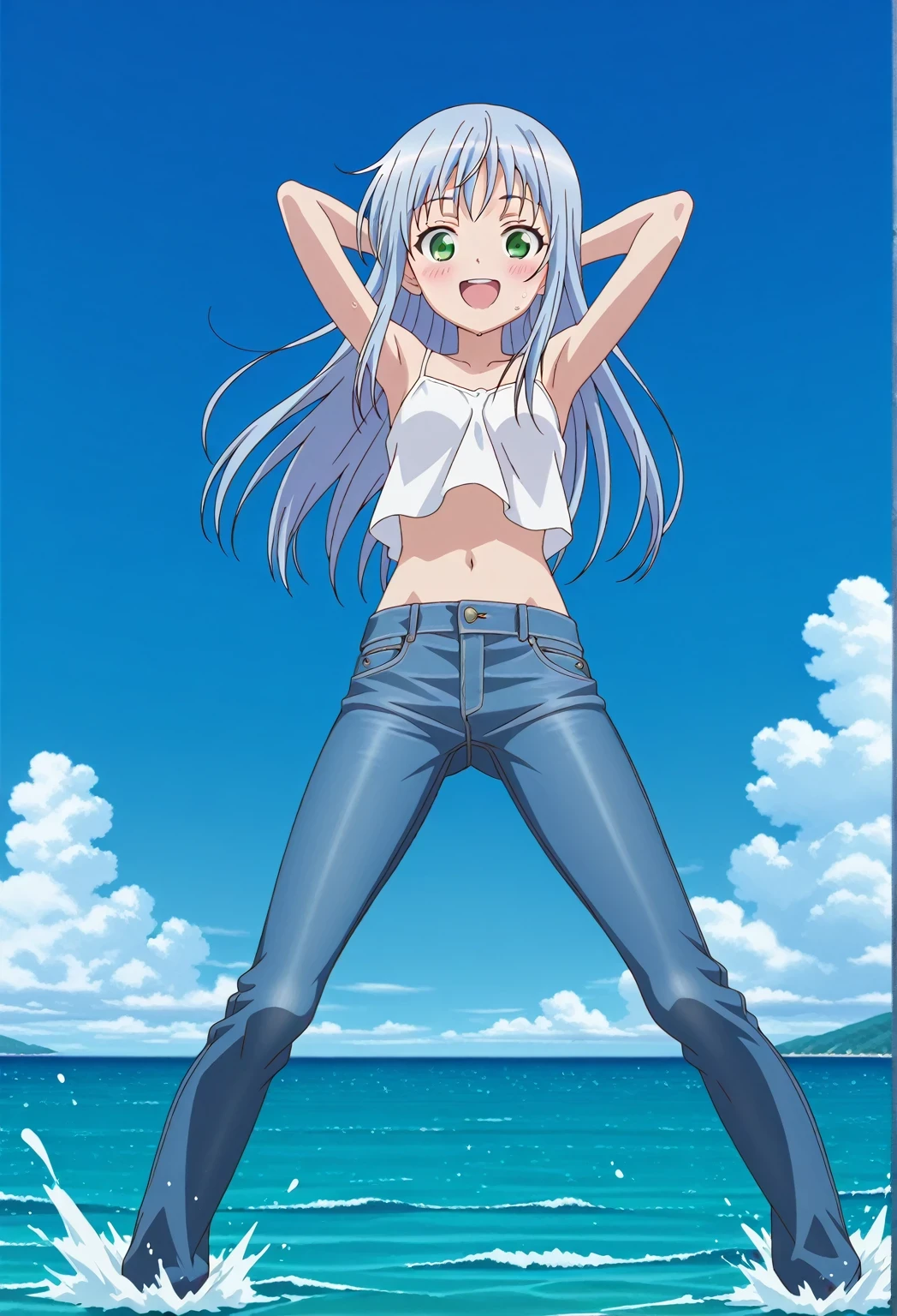 score_9, score_8_up, score_7_up, source_anime, highres, hi res, ((best quality, top quality, perfect quality, Highest Quality, amazing quality)), {{masterpiece}}, {{an extremely delicate and beautiful}}, 2d, intricate details, official style, anime, 8k, anime style, official_anime, official art, digital painting, cell shading, soft shading, high resolution, soothing tones, Subdued Color, Soft cinematic light, adobe lightroom, photolab, HDR, intricately and hyper-detailed, ((high quality animation)), 1 girl, Alone, solo, ((ocean)), tsunami, on the water, day, sunny, outdoors, sky, windy, index librorum prohibitorum, green eyes, light blue hair, long hair, anime screencap, small breasts, white camisole top, crop top, white crop top, best quality, hyper-detailed jeans, ((blue jeans:1.9)), (dark blue jeans:0.6), full medium body, medium shot, Open mouth, smiling, happy face, blush, sweat, standing, ((arms behind head:6.0)), bowlegged, jumping pose, action, looking at viewer, spread legs, Bend knees slightly, straight-on front view