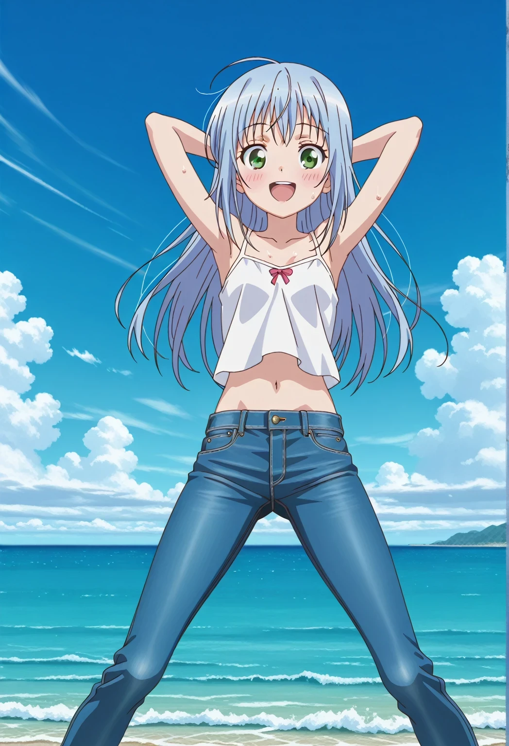 score_9, score_8_up, score_7_up, source_anime, highres, hi res, ((best quality, top quality, perfect quality, Highest Quality, amazing quality)), {{masterpiece}}, {{an extremely delicate and beautiful}}, 2d, intricate details, official style, anime, 8k, anime style, official_anime, official art, digital painting, cell shading, soft shading, high resolution, soothing tones, Subdued Color, Soft cinematic light, adobe lightroom, photolab, HDR, intricately and hyper-detailed, ((high quality animation)), 1 girl, Alone, solo, ((ocean)), tsunami, on the water, day, sunny, outdoors, sky, windy, index librorum prohibitorum, green eyes, light blue hair, long hair, anime screencap, small breasts, white camisole top, crop top, white crop top, best quality, hyper-detailed jeans, ((blue jeans:1.9)), (dark blue jeans:0.6), full medium body, medium shot, Open mouth, smiling, happy face, blush, sweat, standing, ((arms behind head:6.0)), bowlegged, jumping pose, action, looking at viewer, spread legs, Bend knees slightly, straight-on front view