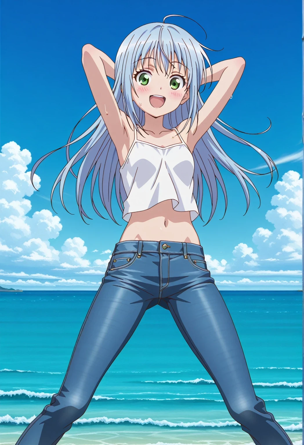 score_9, score_8_up, score_7_up, source_anime, highres, hi res, ((best quality, top quality, perfect quality, Highest Quality, amazing quality)), {{masterpiece}}, {{an extremely delicate and beautiful}}, 2d, intricate details, official style, anime, 8k, anime style, official_anime, official art, digital painting, cell shading, soft shading, high resolution, soothing tones, Subdued Color, Soft cinematic light, adobe lightroom, photolab, HDR, intricately and hyper-detailed, ((high quality animation)), 1 girl, Alone, solo, ((ocean)), tsunami, on the water, day, sunny, outdoors, sky, windy, index librorum prohibitorum, green eyes, light blue hair, long hair, anime screencap, small breasts, white camisole top, crop top, white crop top, best quality, hyper-detailed jeans, ((blue jeans:1.9)), (dark blue jeans:0.6), full medium body, medium shot, Open mouth, smiling, happy face, blush, sweat, standing, ((arms behind head:6.0)), bowlegged, jumping pose, action, looking at viewer, spread legs, Bend knees slightly, straight-on front view