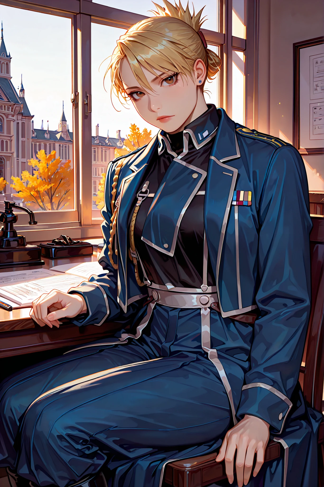 riza, 1girl, solo, brown eyes, blonde hair, folded ponytail, jewelry, earrings, uniform, military, military uniform, shirt, black shirt, jacket, blue jacket, long sleeves, aiguillette, pants, blue pants, boots, black footwear, beautiful brown eyes, upper body view, anatomically accurate ratio, the girl looks directly at the viewer, the girl is very beautiful, the girl has an incredibly beautiful face, detailed face, detailed hair, detailed eyes. Central City. Central Command Headquarters, from anime fullmetal alchemist brotherhood. The girl is sitting on a chair in front of her desk in the headquarters office, with handwritten reports and a fountain pen on her desk. It is a beautiful sunny autumn day outside the window. Warm colors, beautiful composition, picturesque style, a girl looks at the viewer, high resolution, HD, proper lighting, soft natural light, realistic aesthetic, masterpiece, best quality, amazing quality, very aesthetic, absurdres, newest, colorful, ultra-high resolution, detailed background.