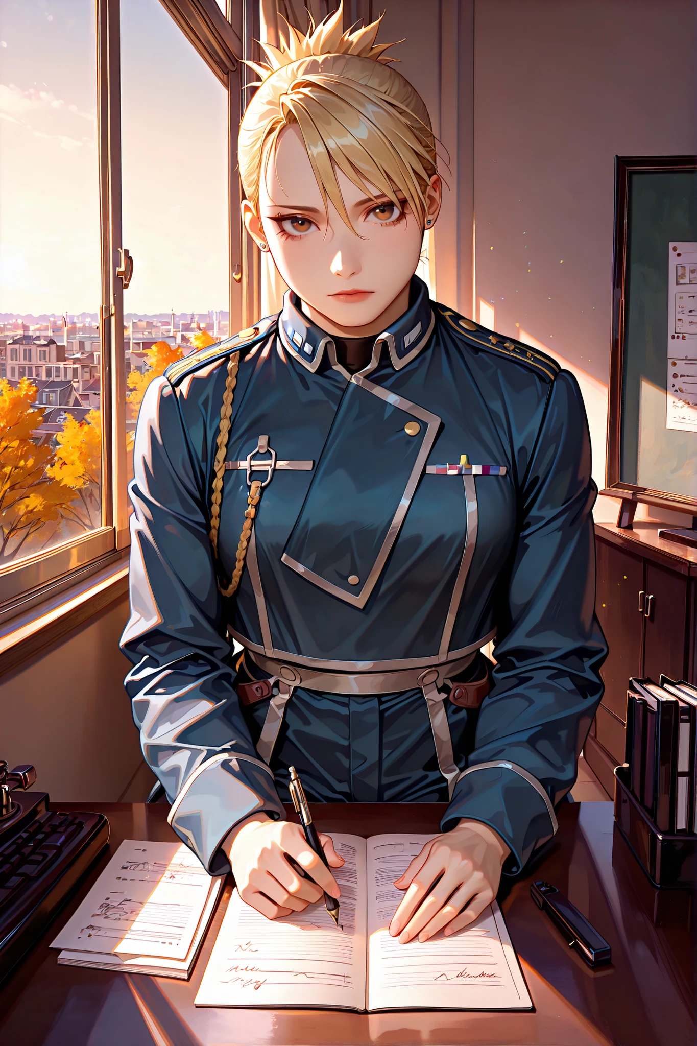 riza, 1girl, solo, brown eyes, blonde hair, folded ponytail, jewelry, earrings, uniform, military, military uniform, shirt, black shirt, jacket, blue jacket, long sleeves, aiguillette, pants, blue pants, boots, black footwear, beautiful brown eyes, upper body view, anatomically accurate ratio, the girl looks directly at the viewer, the girl is very beautiful, the girl has an incredibly beautiful face, detailed face, detailed hair, detailed eyes. Central City. Central Command Headquarters, from anime fullmetal alchemist brotherhood. The girl is sitting on a chair in front of her desk in the headquarters office, with handwritten reports and a fountain pen on her desk. It is a beautiful sunny autumn day outside the window. Warm colors, beautiful composition, picturesque style, a girl looks at the viewer, high resolution, HD, proper lighting, soft natural light, realistic aesthetic, masterpiece, best quality, amazing quality, very aesthetic, absurdres, newest, colorful, ultra-high resolution, detailed background.