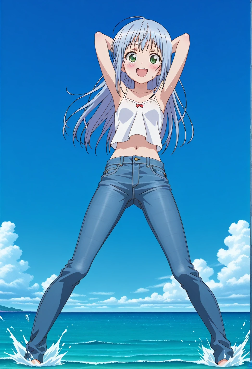 score_9, score_8_up, score_7_up, source_anime, highres, hi res, ((best quality, top quality, perfect quality, Highest Quality, amazing quality)), {{masterpiece}}, {{an extremely delicate and beautiful}}, 2d, intricate details, official style, anime, 8k, anime style, official_anime, official art, digital painting, cell shading, soft shading, high resolution, soothing tones, Subdued Color, Soft cinematic light, adobe lightroom, photolab, HDR, intricately and hyper-detailed, ((high quality animation)), 1 girl, Alone, solo, ((ocean)), tsunami, on the water, day, sunny, outdoors, sky, windy, index librorum prohibitorum, green eyes, light blue hair, long hair, anime screencap, small breasts, white camisole top, crop top, white crop top, best quality, hyper-detailed jeans, ((blue jeans:1.9)), (dark blue jeans:0.6), full medium body, medium shot, Open mouth, smiling, happy face, blush, sweat, standing, ((arms behind head:6.0)), bowlegged, jumping pose, action, looking at viewer, spread legs, Bend knees slightly, straight-on front view