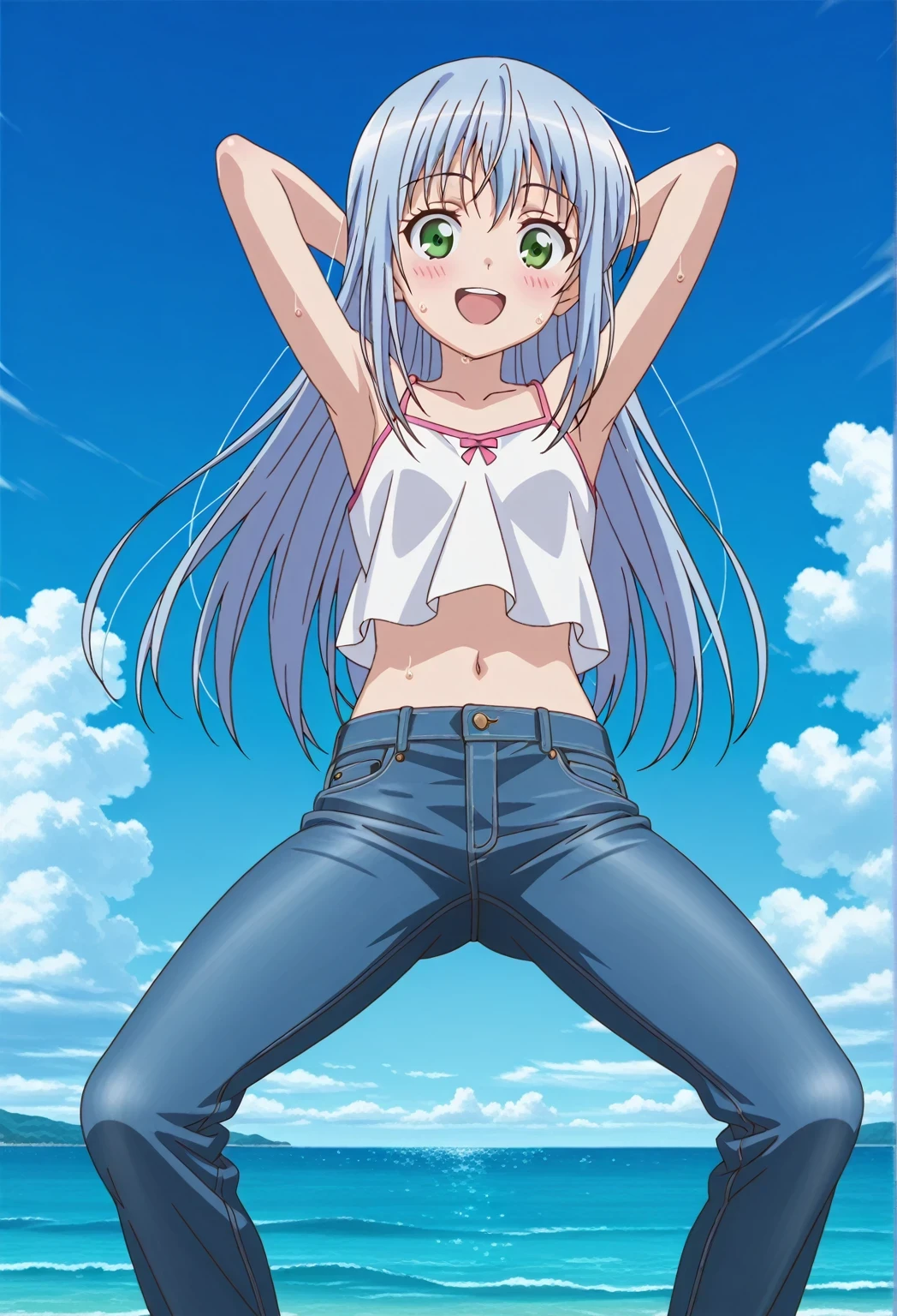 score_9, score_8_up, score_7_up, source_anime, highres, hi res, ((best quality, top quality, perfect quality, Highest Quality, amazing quality)), {{masterpiece}}, {{an extremely delicate and beautiful}}, 2d, intricate details, official style, anime, 8k, anime style, official_anime, official art, digital painting, cell shading, soft shading, high resolution, soothing tones, Subdued Color, Soft cinematic light, adobe lightroom, photolab, HDR, intricately and hyper-detailed, ((high quality animation)), 1 girl, Alone, solo, ((ocean)), tsunami, on the water, day, sunny, outdoors, sky, windy, index librorum prohibitorum, green eyes, light blue hair, long hair, anime screencap, small breasts, white camisole top, crop top, white crop top, best quality, hyper-detailed jeans, ((blue jeans:1.9)), (dark blue jeans:0.6), full medium body, medium shot, Open mouth, smiling, happy face, blush, sweat, standing, ((arms behind head:6.0)), bowlegged, jumping pose, action, looking at viewer, spread legs, Bend knees slightly, straight-on front view