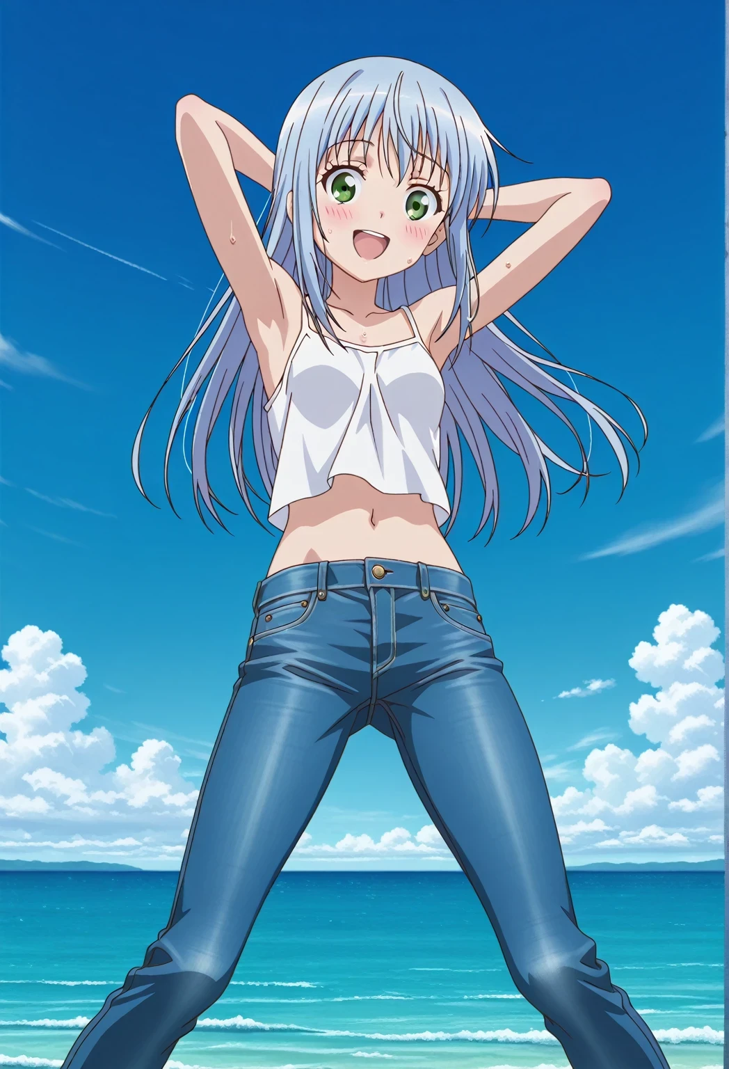 score_9, score_8_up, score_7_up, source_anime, highres, hi res, ((best quality, top quality, perfect quality, Highest Quality, amazing quality)), {{masterpiece}}, {{an extremely delicate and beautiful}}, 2d, intricate details, official style, anime, 8k, anime style, official_anime, official art, digital painting, cell shading, soft shading, high resolution, soothing tones, Subdued Color, Soft cinematic light, adobe lightroom, photolab, HDR, intricately and hyper-detailed, ((high quality animation)), 1 girl, Alone, solo, ((ocean)), tsunami, on the water, day, sunny, outdoors, sky, windy, index librorum prohibitorum, green eyes, light blue hair, long hair, anime screencap, small breasts, white camisole top, crop top, white crop top, best quality, hyper-detailed jeans, ((blue jeans:1.9)), (dark blue jeans:0.6), full medium body, medium shot, Open mouth, smiling, happy face, blush, sweat, standing, ((arms behind head:6.0)), bowlegged, jumping pose, action, looking at viewer, spread legs, Bend knees slightly, straight-on front view
