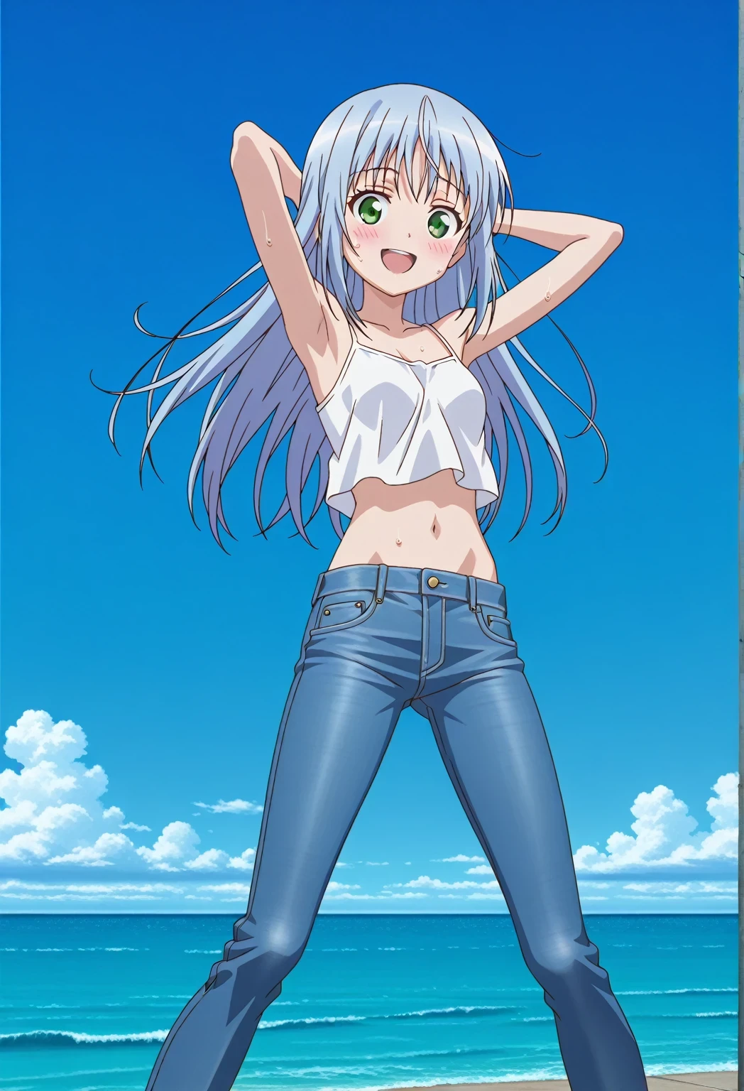 score_9, score_8_up, score_7_up, source_anime, highres, hi res, ((best quality, top quality, perfect quality, Highest Quality, amazing quality)), {{masterpiece}}, {{an extremely delicate and beautiful}}, 2d, intricate details, official style, anime, 8k, anime style, official_anime, official art, digital painting, cell shading, soft shading, high resolution, soothing tones, Subdued Color, Soft cinematic light, adobe lightroom, photolab, HDR, intricately and hyper-detailed, ((high quality animation)), 1 girl, Alone, solo, ((ocean)), tsunami, on the water, day, sunny, outdoors, sky, windy, index librorum prohibitorum, green eyes, light blue hair, long hair, anime screencap, small breasts, white camisole top, crop top, white crop top, best quality, hyper-detailed jeans, ((blue jeans:1.9)), (dark blue jeans:0.6), full medium body, medium shot, Open mouth, smiling, happy face, blush, sweat, standing, ((arms behind head:6.0)), bowlegged, jumping pose, action, looking at viewer, spread legs, Bend knees slightly, straight-on front view