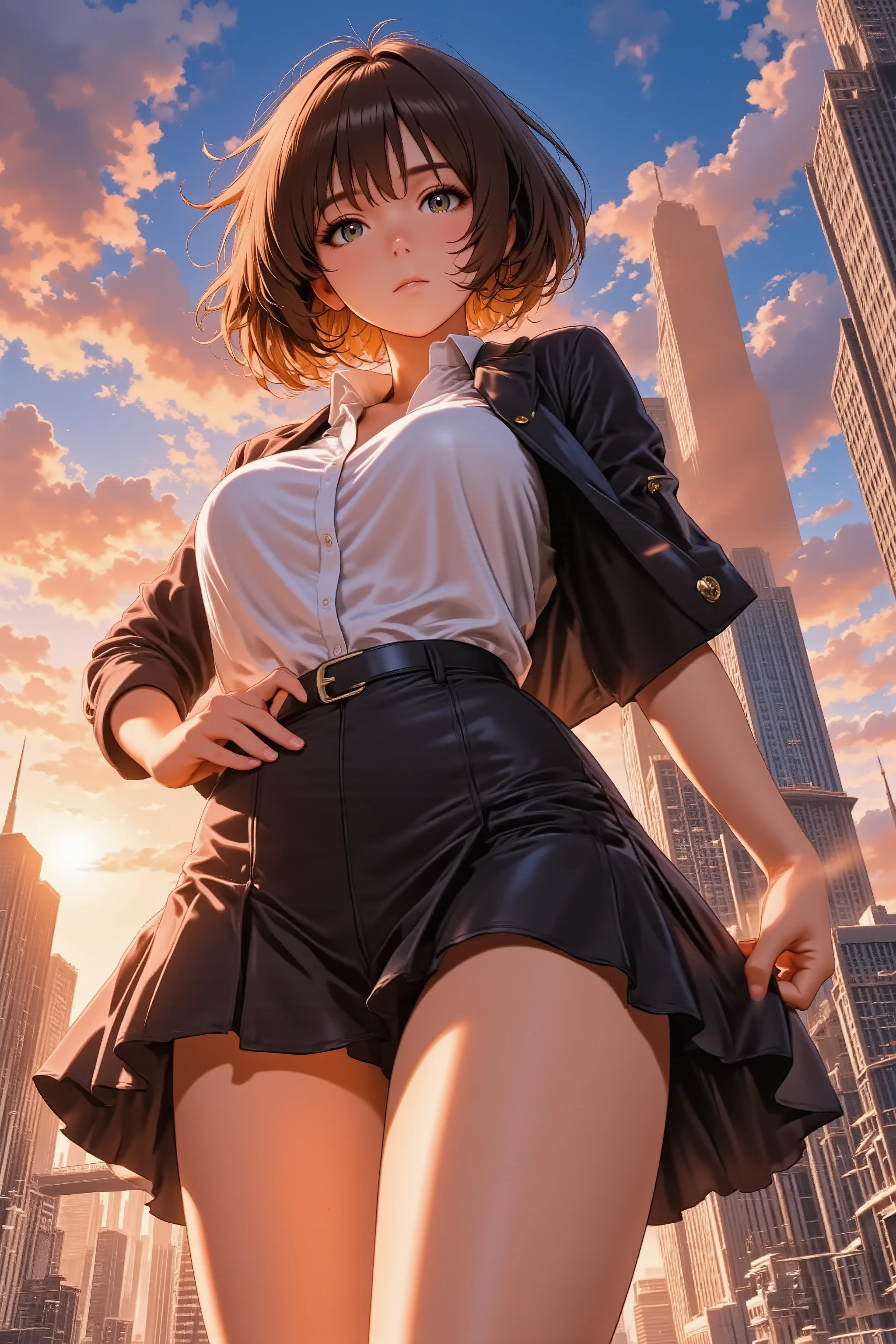 Anime style, full body shot, extreme low angle view (looking up), a daring and confident OL with short, spiky brown hair and sparkling, adventurous blue eyes. She is standing at the edge of an office building rooftop, one hand holding onto her skirt as the wind whips around her, revealing a glimpse of her smooth thighs. Her blouse is slightly billowed by the wind, emphasizing her figure. She wears a traditional office uniform, including a short, pleated skirt and a fitted blazer. The background is a dramatic city skyline at sunset, with clouds swirling around the tall buildings. Dynamic movement, thrilling allure, bold composition, vibrant colors, action anime aesthetic.