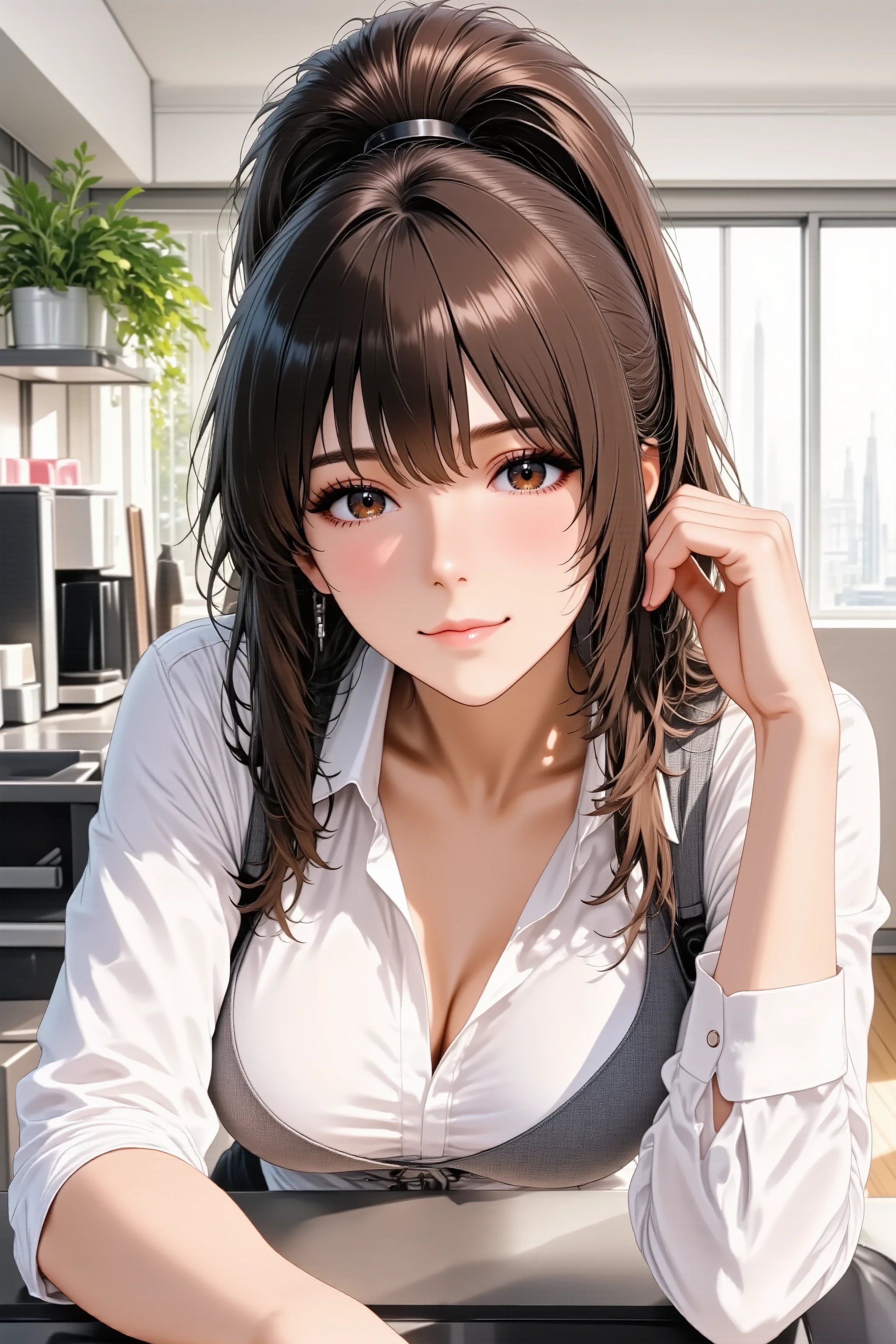 Anime style, waist-up shot, 2:3 vertical aspect ratio, a seductive office lady (OL) with a high, bouncy ponytail of glossy black hair and piercing dark brown eyes that hold a sly, playful glint. She is leaning against a kitchen counter in the office break room, one hand casually fiddling with the elastic of her ponytail, subtly exposing her neck and shoulder. She wears a crisp white blouse with the top two buttons undone, revealing a hint of cleavage, and a fitted grey vest. A small, knowing smile plays on her lips. The background is a bright, clean office break room with a coffee maker and potted plants, softly lit by natural light. Professional yet alluring, high detail, vibrant anime colors, subtle sensuality, sharp focus on expression and hair.
