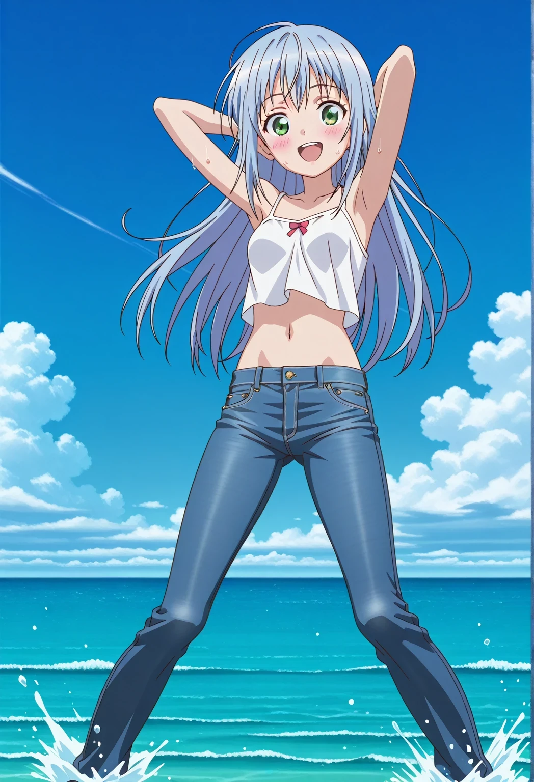 score_9, score_8_up, score_7_up, source_anime, highres, hi res, ((best quality, top quality, perfect quality, Highest Quality, amazing quality)), {{masterpiece}}, {{an extremely delicate and beautiful}}, 2d, intricate details, official style, anime, 8k, anime style, official_anime, official art, digital painting, cell shading, soft shading, high resolution, soothing tones, Subdued Color, Soft cinematic light, adobe lightroom, photolab, HDR, intricately and hyper-detailed, ((high quality animation)), 1 girl, Alone, solo, ((ocean)), tsunami, on the water, day, sunny, outdoors, sky, windy, index librorum prohibitorum, green eyes, light blue hair, long hair, anime screencap, small breasts, white camisole top, crop top, white crop top, best quality, hyper-detailed jeans, ((blue jeans:1.9)), (dark blue jeans:0.6), full medium body, medium shot, Open mouth, smiling, happy face, blush, sweat, standing, ((arms behind head:6.0)), bowlegged, jumping pose, action, looking at viewer, spread legs, Bend knees slightly, straight-on front view