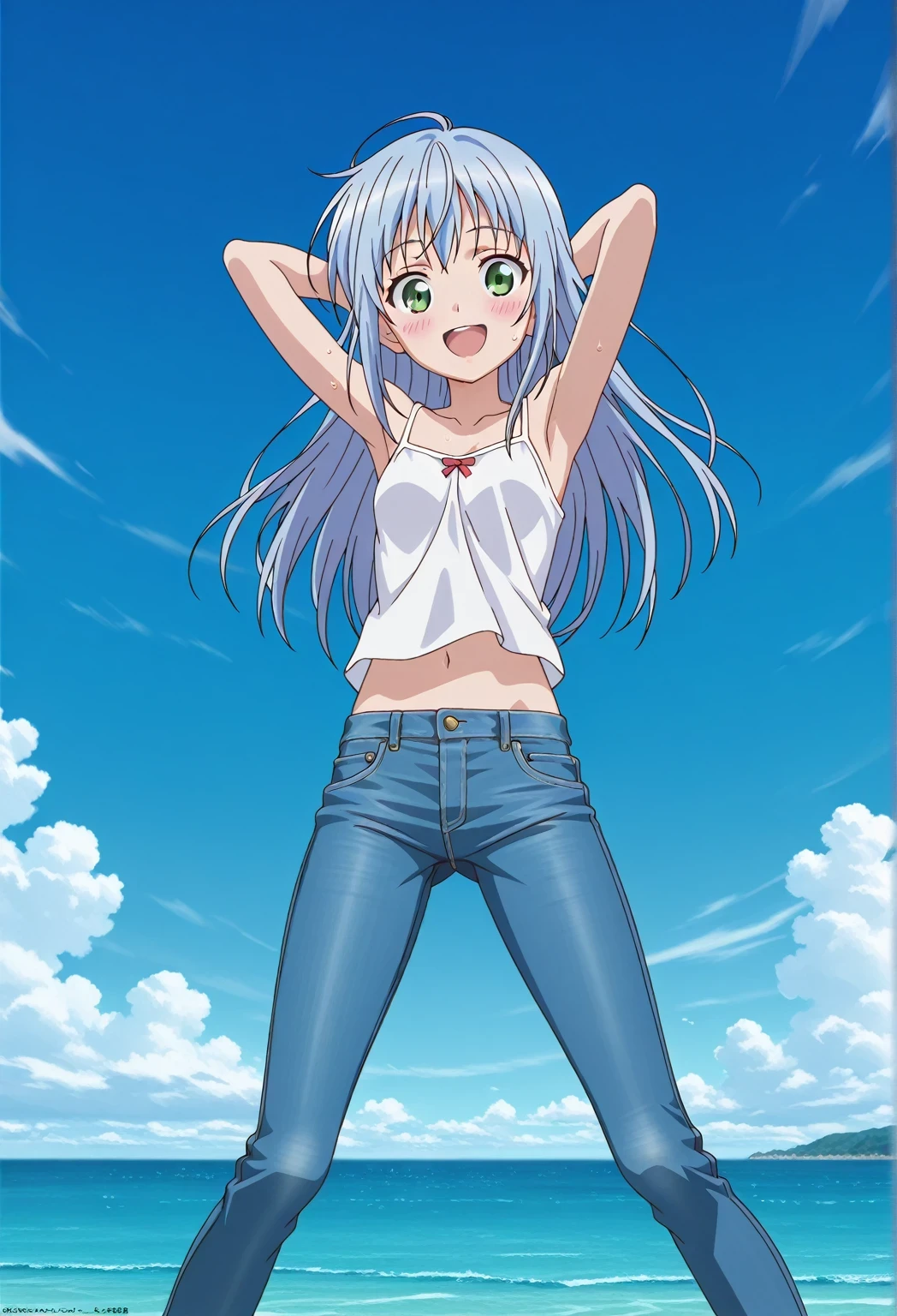 score_9, score_8_up, score_7_up, source_anime, highres, hi res, ((best quality, top quality, perfect quality, Highest Quality, amazing quality)), {{masterpiece}}, {{an extremely delicate and beautiful}}, 2d, intricate details, official style, anime, 8k, anime style, official_anime, official art, digital painting, cell shading, soft shading, high resolution, soothing tones, Subdued Color, Soft cinematic light, adobe lightroom, photolab, HDR, intricately and hyper-detailed, ((high quality animation)), 1 girl, Alone, solo, ((ocean)), tsunami, on the water, day, sunny, outdoors, sky, windy, index librorum prohibitorum, green eyes, light blue hair, long hair, anime screencap, small breasts, white camisole top, crop top, white crop top, best quality, hyper-detailed jeans, ((blue jeans:1.9)), (dark blue jeans:0.6), full medium body, medium shot, Open mouth, smiling, happy face, blush, sweat, standing, ((arms behind head:6.0)), bowlegged, jumping pose, action, looking at viewer, spread legs, Bend knees slightly, straight-on front view