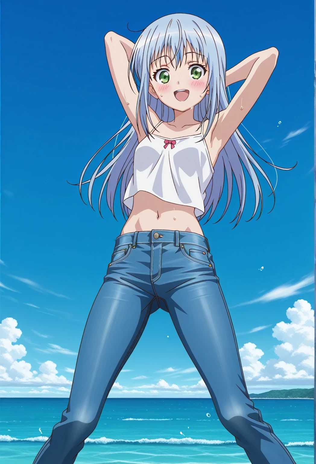 score_9, score_8_up, score_7_up, source_anime, highres, hi res, ((best quality, top quality, perfect quality, Highest Quality, amazing quality)), {{masterpiece}}, {{an extremely delicate and beautiful}}, 2d, intricate details, official style, anime, 8k, anime style, official_anime, official art, digital painting, cell shading, soft shading, high resolution, soothing tones, Subdued Color, Soft cinematic light, adobe lightroom, photolab, HDR, intricately and hyper-detailed, ((high quality animation)), 1 girl, Alone, solo, ((ocean)), tsunami, on the water, day, sunny, outdoors, sky, windy, index librorum prohibitorum, green eyes, light blue hair, long hair, anime screencap, small breasts, white camisole top, crop top, white crop top, best quality, hyper-detailed jeans, ((blue jeans:1.9)), (dark blue jeans:0.6), full medium body, medium shot, Open mouth, smiling, happy face, blush, sweat, standing, ((arms behind head:6.0)), bowlegged, jumping pose, action, looking at viewer, spread legs, Bend knees slightly, straight-on front view