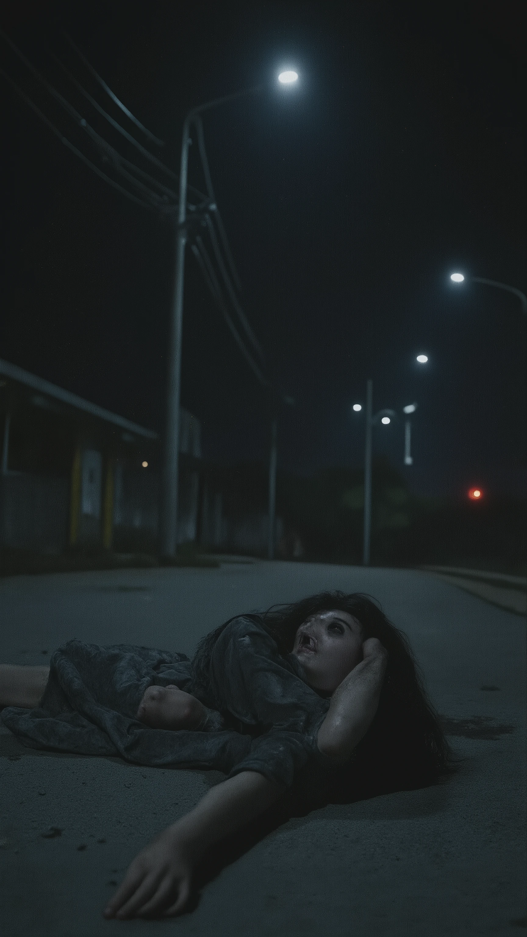 masterpiece、Highest Quality、high resolution、super detailed、8K、Picture,Shirogane Ratio、1 women,dirty gray dress,long disheveled black hair,extremely curved complicated face,Extremely thin,Tall,Lying face down on the ground,The joints of the whole body are bent in a々intricately curved,electric poles nearby, no one else on cold concrete,night,telephone pole lying on the ground、extremely dark