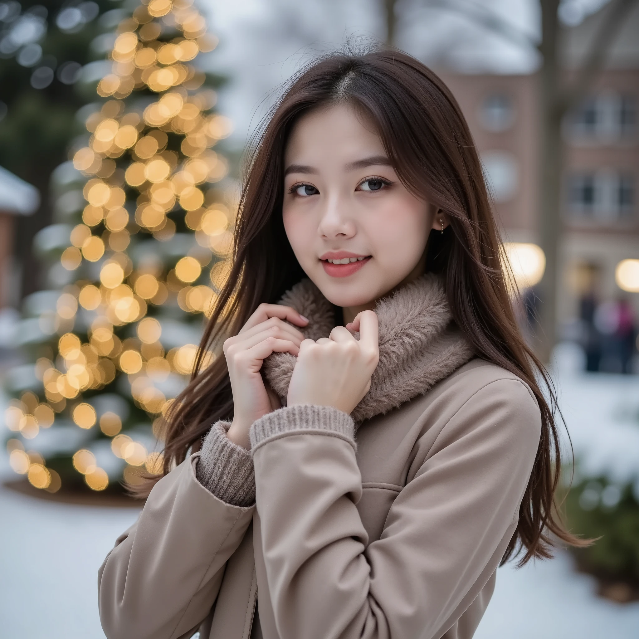 1girl, solo, beautiful girl with a smirking face, external, Winter time, fine warm coat and fluffy snow boots, detailed skin, full lips, Makeup, long hair, warm muffler, playful smile, The background is Christmas lights、heavy snow、Luxurious Christmas Tree
