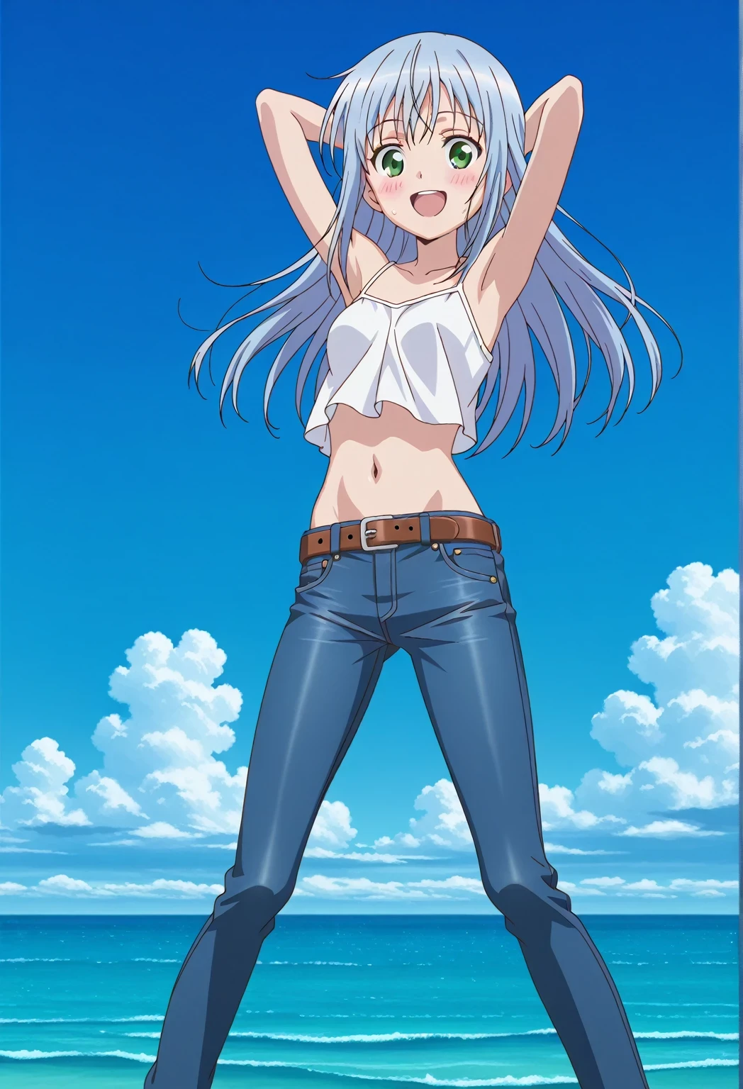 score_9, score_8_up, score_7_up, source_anime, highres, hi res, ((best quality, top quality, perfect quality, Highest Quality, amazing quality)), {{masterpiece}}, {{an extremely delicate and beautiful}}, 2d, intricate details, official style, anime, 8k, anime style, official_anime, official art, digital painting, cell shading, soft shading, high resolution, soothing tones, Subdued Color, Soft cinematic light, adobe lightroom, photolab, HDR, intricately and hyper-detailed, ((high quality animation)), 1 girl, Alone, solo, ((ocean)), tsunami, on the water, day, sunny, outdoors, sky, windy, index librorum prohibitorum, green eyes, light blue hair, long hair, anime screencap, small breasts, white camisole top, crop top, white crop top, best quality, hyper-detailed jeans, belt, brown belt, ((blue jeans:1.9)), (dark blue jeans:0.6), full medium body, medium shot, Open mouth, smiling, happy face, blush, sweat, standing, ((arms behind head:6.0)), bowlegged, jumping pose, action, looking at viewer, spread legs, Bend knees slightly, straight-on front view