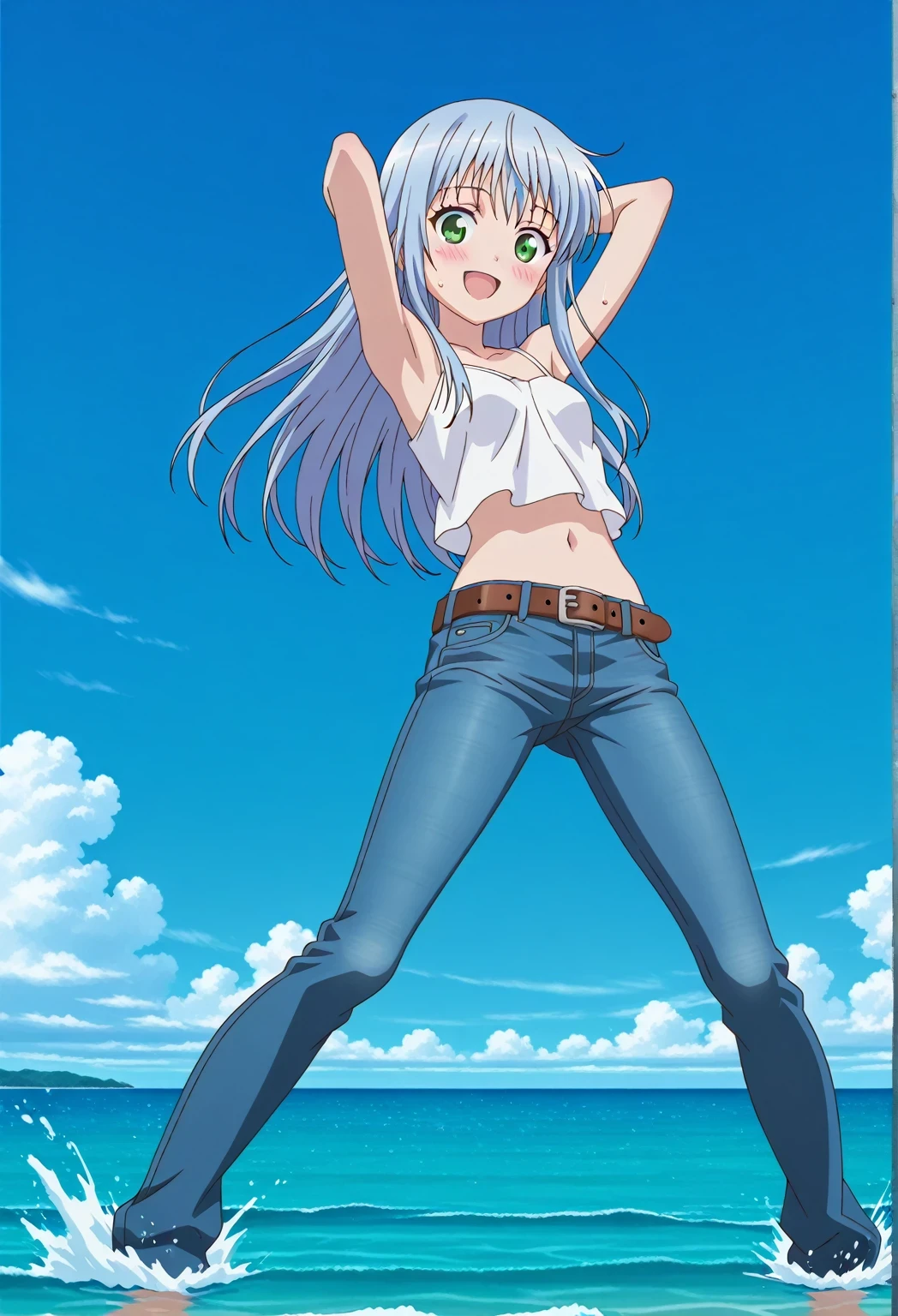 score_9, score_8_up, score_7_up, source_anime, highres, hi res, ((best quality, top quality, perfect quality, Highest Quality, amazing quality)), {{masterpiece}}, {{an extremely delicate and beautiful}}, 2d, intricate details, official style, anime, 8k, anime style, official_anime, official art, digital painting, cell shading, soft shading, high resolution, soothing tones, Subdued Color, Soft cinematic light, adobe lightroom, photolab, HDR, intricately and hyper-detailed, ((high quality animation)), 1 girl, Alone, solo, ((ocean)), tsunami, on the water, day, sunny, outdoors, sky, windy, index librorum prohibitorum, green eyes, light blue hair, long hair, anime screencap, small breasts, white camisole top, crop top, white crop top, best quality, hyper-detailed jeans, belt, brown belt, ((blue jeans:1.9)), (dark blue jeans:0.6), full medium body, medium shot, Open mouth, smiling, happy face, blush, sweat, standing, ((arms behind head:6.0)), bowlegged, jumping pose, action, looking at viewer, spread legs, Bend knees slightly, straight-on front view