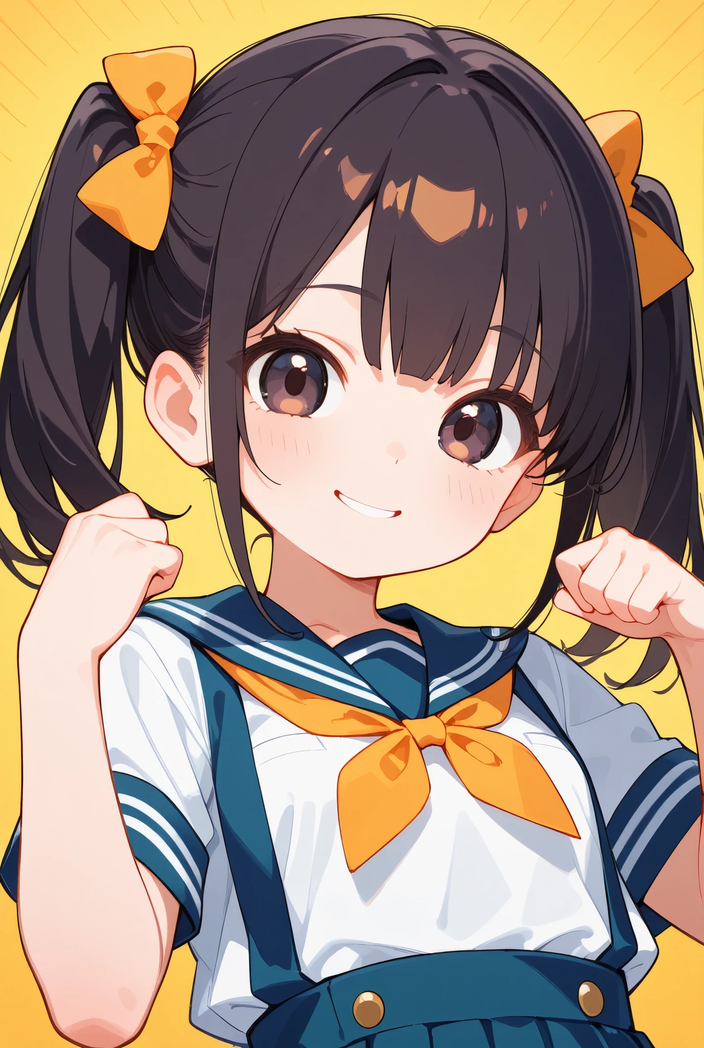 idol beautiful girl, Slender Body, Small Bust , dark hair color,twin tails, Smile Yan, School Uniforms, jump pose！