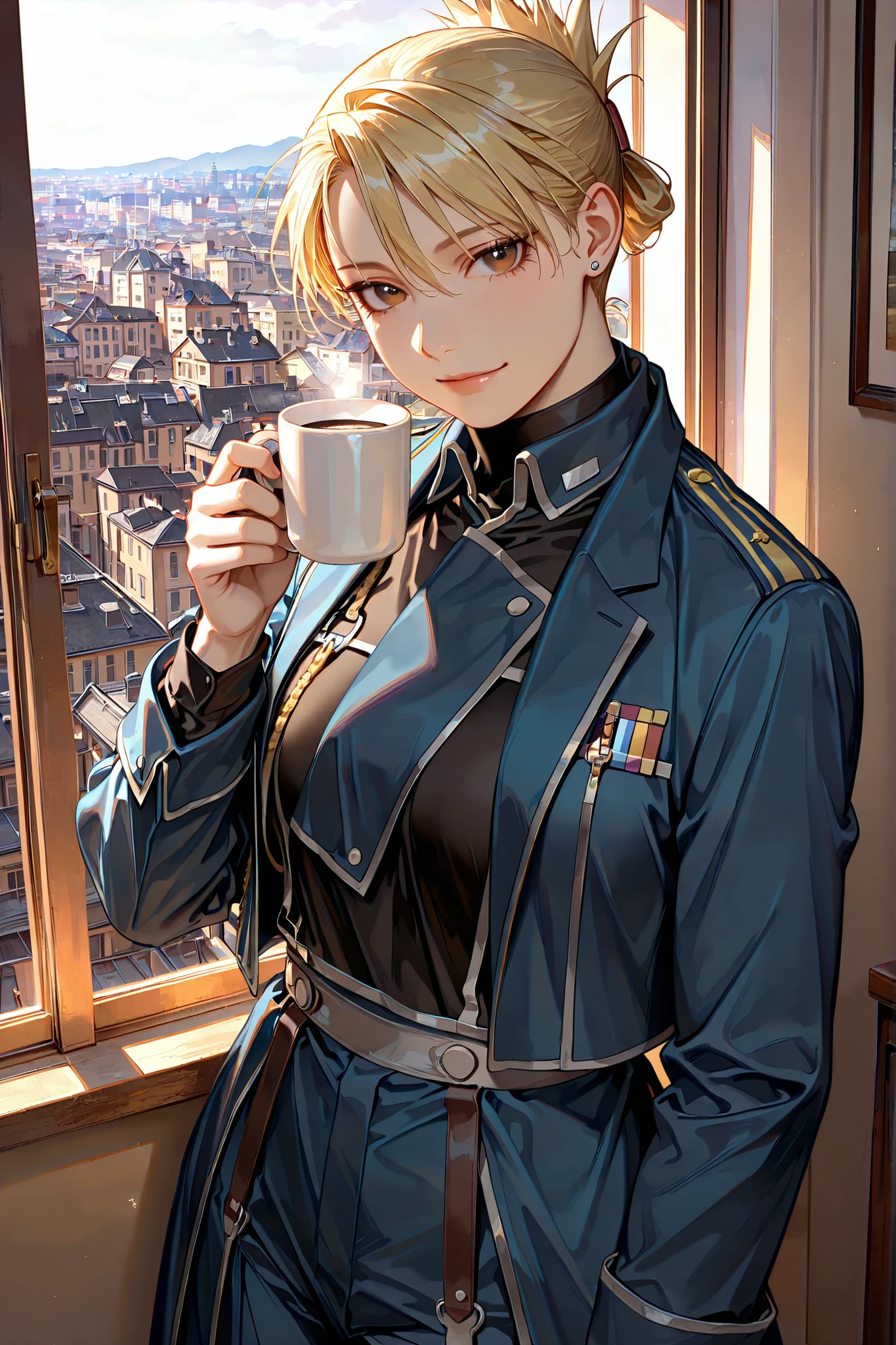 riza, 1girl, solo, brown eyes, blonde hair, folded ponytail, jewelry, earrings, uniform, military, military uniform, shirt, black shirt, jacket, blue jacket, long sleeves, aiguillette, pants, blue pants, boots, black footwear, beautiful brown eyes, upper body view, anatomically accurate ratio, the girl looks directly at the viewer, the girl is very beautiful, the girl has an incredibly beautiful face, detailed face, detailed hair, detailed eyes. Central City, from anime fullmetal alchemist brotherhood. The girl is in her 20th-century apartment, which is orderly like an army. She smiles sweetly and looks at the viewer with tenderness, holding a warm cup of coffee. The sunlight streams into the apartment through the window, highlighting the girl's beauty. Warm colors, beautiful composition, picturesque style, a girl looks at the viewer, high resolution, HD, proper lighting, soft natural light, realistic aesthetic, masterpiece, best quality, amazing quality, very aesthetic, absurdres, newest, colorful, ultra-high resolution, detailed background.