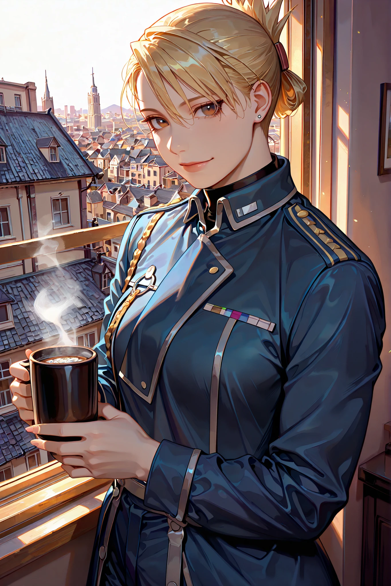 riza, 1girl, solo, brown eyes, blonde hair, folded ponytail, jewelry, earrings, uniform, military, military uniform, shirt, black shirt, jacket, blue jacket, long sleeves, aiguillette, pants, blue pants, boots, black footwear, beautiful brown eyes, upper body view, anatomically accurate ratio, the girl looks directly at the viewer, the girl is very beautiful, the girl has an incredibly beautiful face, detailed face, detailed hair, detailed eyes. Central City, from anime fullmetal alchemist brotherhood. The girl is in her 20th-century apartment, which is orderly like an army. She smiles sweetly and looks at the viewer with tenderness, holding a warm cup of coffee. The sunlight streams into the apartment through the window, highlighting the girl's beauty. Warm colors, beautiful composition, picturesque style, a girl looks at the viewer, high resolution, HD, proper lighting, soft natural light, realistic aesthetic, masterpiece, best quality, amazing quality, very aesthetic, absurdres, newest, colorful, ultra-high resolution, detailed background.