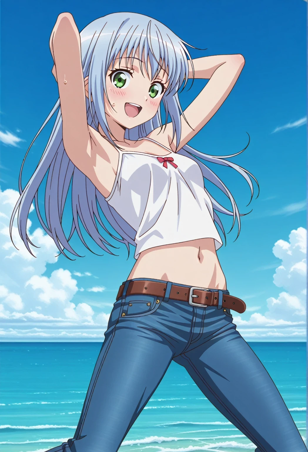score_9, score_8_up, score_7_up, source_anime, highres, hi res, ((best quality, top quality, perfect quality, Highest Quality, amazing quality)), {{masterpiece}}, {{an extremely delicate and beautiful}}, 2d, intricate details, official style, anime, 8k, anime style, official_anime, official art, digital painting, cell shading, soft shading, high resolution, soothing tones, Subdued Color, Soft cinematic light, adobe lightroom, photolab, HDR, intricately and hyper-detailed, ((high quality animation)), 1 girl, Alone, solo, ((ocean)), tsunami, on the water, day, sunny, outdoors, sky, windy, index librorum prohibitorum, green eyes, light blue hair, long hair, anime screencap, small breasts, white camisole top, crop top, white crop top, best quality, hyper-detailed jeans, belt, brown belt, ((blue jeans:1.9)), (dark blue jeans:0.6), full medium body, medium shot, Open mouth, smiling, happy face, blush, sweat, standing, ((arms behind head:6.0)), bowlegged, jumping pose, action, looking at viewer, spread legs, Bend knees slightly, straight-on front view