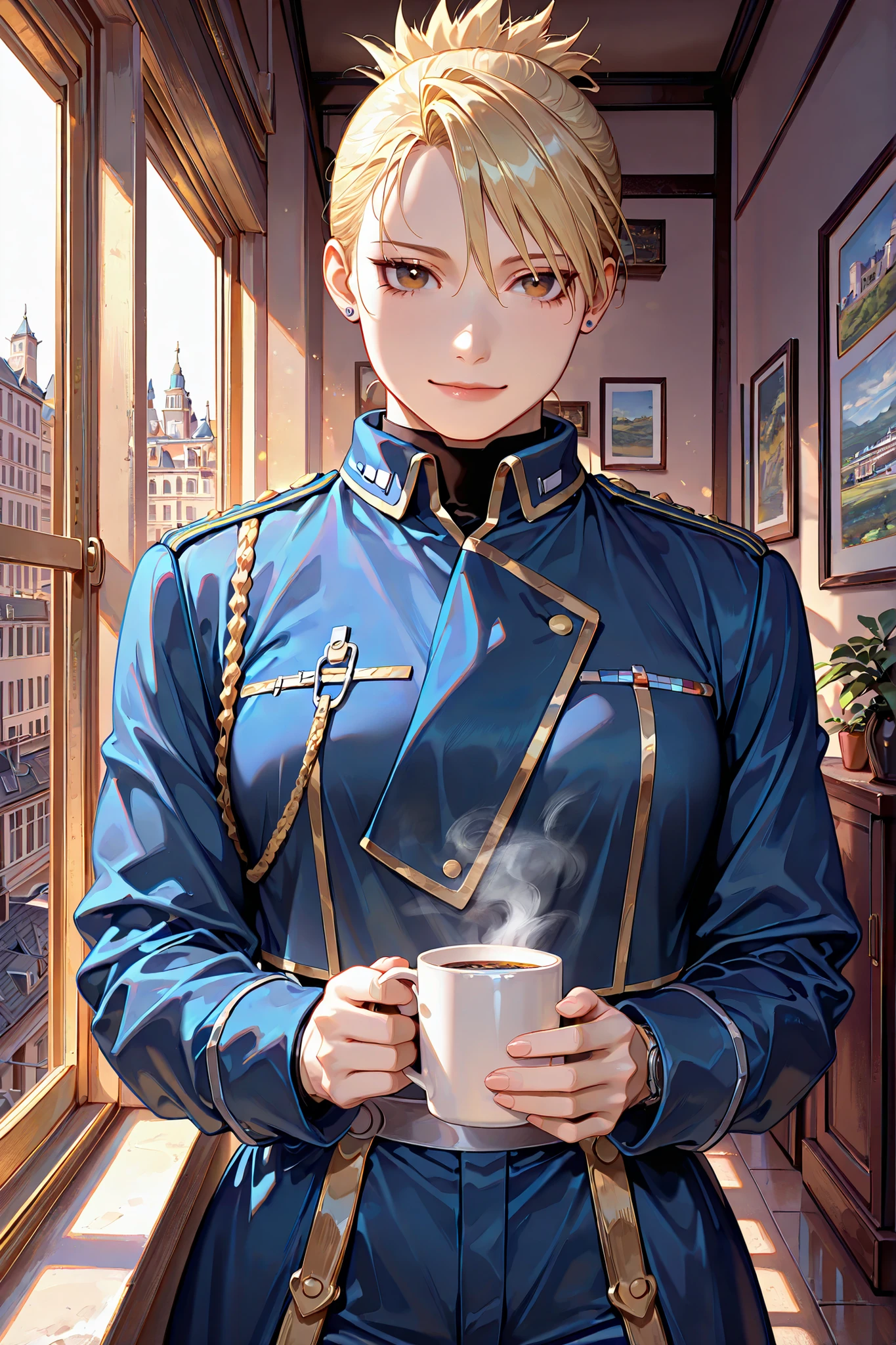 riza, 1girl, solo, brown eyes, blonde hair, folded ponytail, jewelry, earrings, uniform, military, military uniform, shirt, black shirt, jacket, blue jacket, long sleeves, aiguillette, pants, blue pants, boots, black footwear, beautiful brown eyes, upper body view, anatomically accurate ratio, the girl looks directly at the viewer, the girl is very beautiful, the girl has an incredibly beautiful face, detailed face, detailed hair, detailed eyes. Central City, from anime fullmetal alchemist brotherhood. The girl is in her 20th-century apartment, which is orderly like an army. She smiles sweetly and looks at the viewer with tenderness, holding a warm cup of coffee. The sunlight streams into the apartment through the window, highlighting the girl's beauty. Warm colors, beautiful composition, picturesque style, a girl looks at the viewer, high resolution, HD, proper lighting, soft natural light, realistic aesthetic, masterpiece, best quality, amazing quality, very aesthetic, absurdres, newest, colorful, ultra-high resolution, detailed background.
