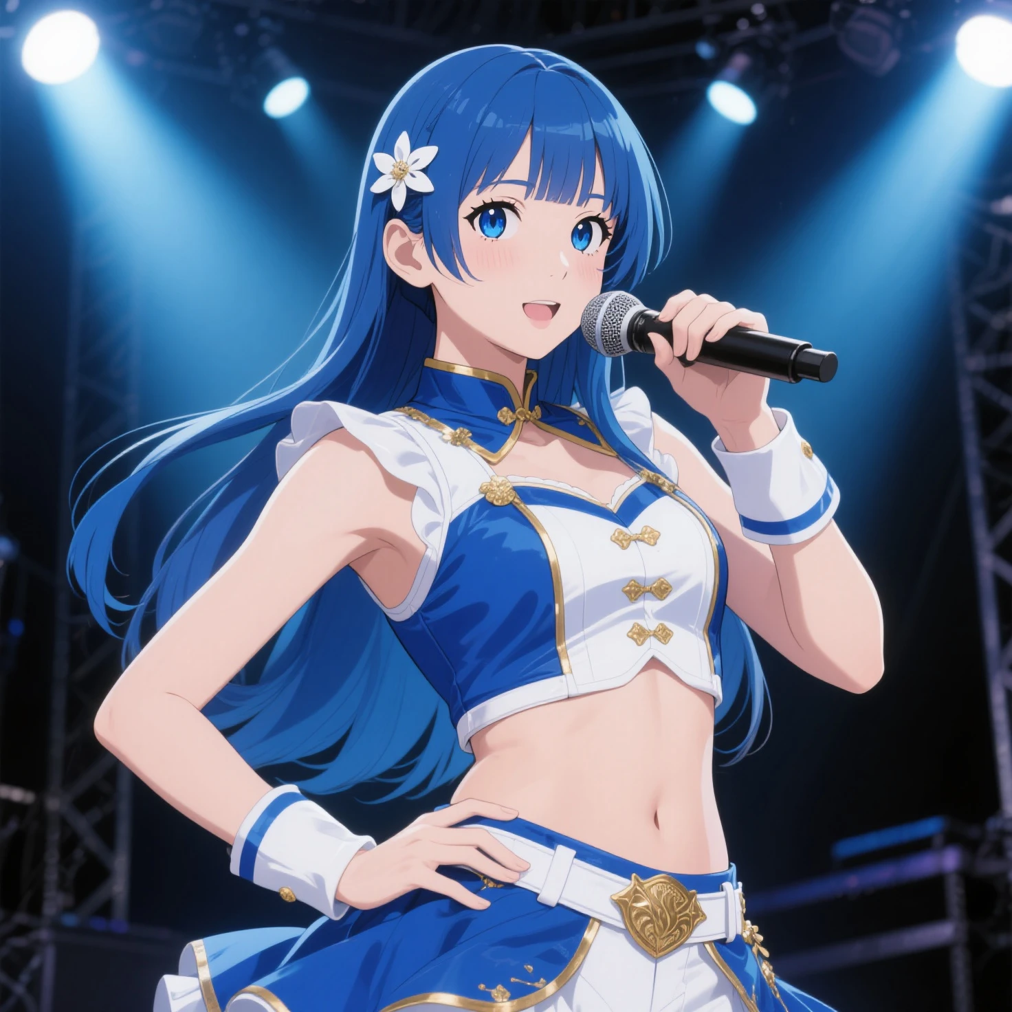  in full view、 in full view、Big Breasts、Blue 、 in full view、MiniskirtFullNude,Armpit show,flora \(dq5\),Long hair,half updo,white thighhig,1girl in, solo,  face to the viewer, Looking at Viewer, Smile,nighttime scene