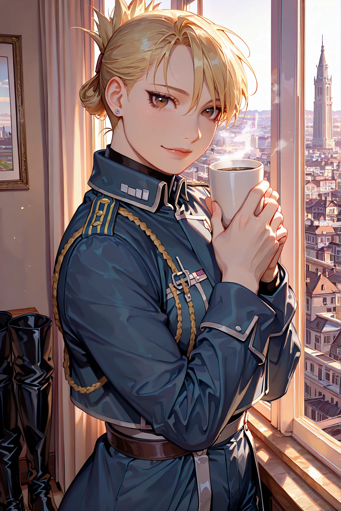 riza, 1girl, solo, brown eyes, blonde hair, folded ponytail, jewelry, earrings, uniform, military, military uniform, shirt, black shirt, jacket, blue jacket, long sleeves, aiguillette, pants, blue pants, boots, black footwear, beautiful brown eyes, upper body view, anatomically accurate ratio, the girl looks directly at the viewer, the girl is very beautiful, the girl has an incredibly beautiful face, detailed face, detailed hair, detailed eyes. Central City, from anime fullmetal alchemist brotherhood. The girl is in her 20th-century apartment, which is orderly like an army. She smiles sweetly and looks at the viewer with tenderness, holding a warm cup of coffee. The sunlight streams into the apartment through the window, highlighting the girl's beauty. Warm colors, beautiful composition, picturesque style, a girl looks at the viewer, high resolution, HD, proper lighting, soft natural light, realistic aesthetic, masterpiece, best quality, amazing quality, very aesthetic, absurdres, newest, colorful, ultra-high resolution, detailed background.
