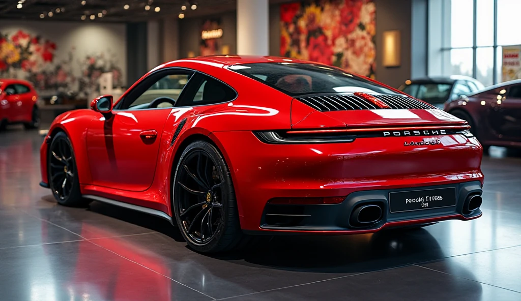  Back Sided  view of painted gleamy Red  with shiny clour modern(2026 porsche 911)sleek in large shape sedan in large size with ( porsche 911 2026 )logo on its large detailed grille in shiny white refelection falling on car clour with angular sporty design captured from sided view with modified sleek backlights & with a "porsche 911 2026 "
‎” logo and with modified cutting edge tecnology with a plate called “ porsche 911 2026” 
‎with in a Luxury colourful showroom with stylish gleamy floor Quality,with two rectumgular mufflers exahust “ with very low suspension of car that touches showroom surface Super Detailed, and shining of showroom falling on car