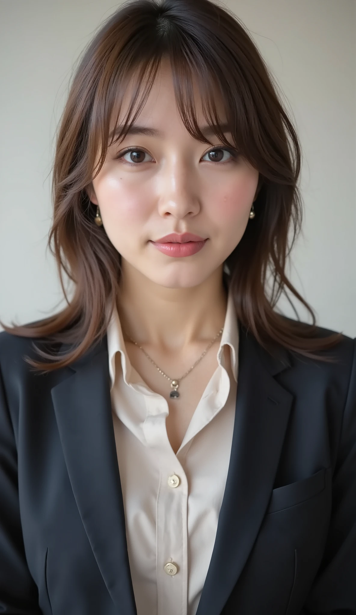 Neat Young Woman、looking at the camera、office lady suit、jacket、shirt、Ear piercings、 、、歯を見せた笑顔、face close-up、The background is office
