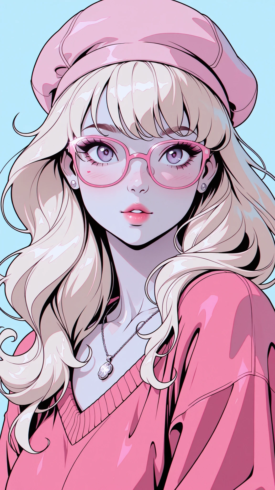 (TangoBat:0.7),(Sakimichan:0.7),A digitally rendered, stylized portrait of a woman with pale blonde wavy hair, wearing a pink cap, light-gold-rimmed glasses, and a pink sweater with a silver pendant, vibrant pink & light-gold color palette, a highly detailed and smooth texture on the character's skin and hair, stylized illustrative style..masterpiece, best quality,absurdres