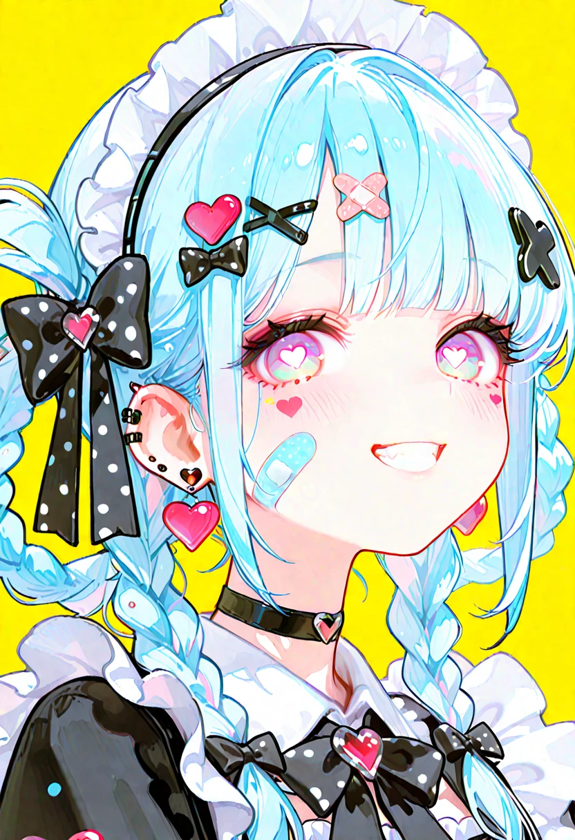 grayscales、grayscales、"kawaii, Cute, Adorable Lady in Pink, yellow, and baby blue color scheme. She wears sky-themed clothing with clouds and sky motifs. Her outfit is fluffy and soft, With decora accessories like hair clips. She embodies a vibrant and trendy Harajuku fashion style." White hair, Red Eyes, Horns, Demon Wings, Colossal ,Big , Big lips, juicy lips, Huge hair, Smile