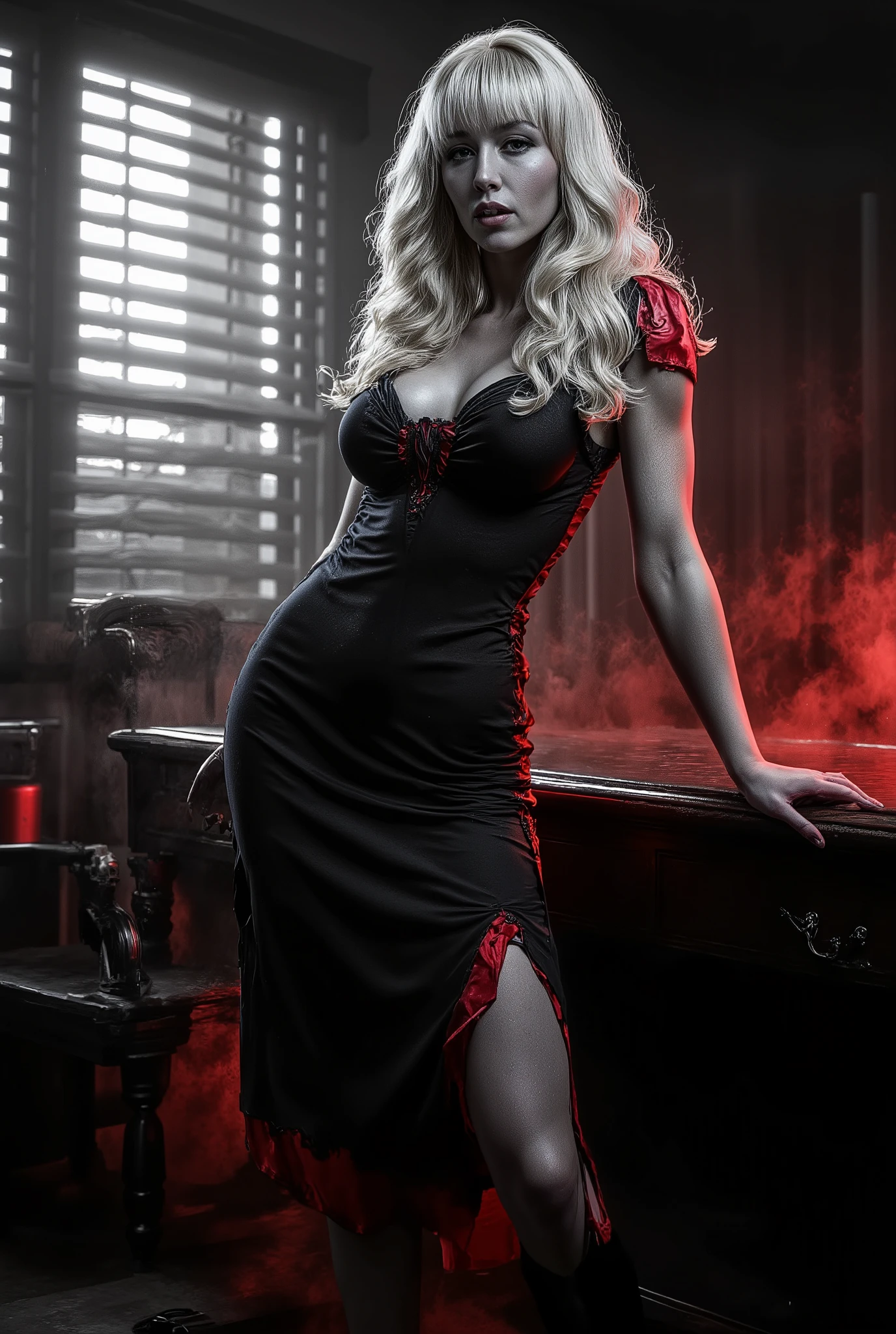 A cinematic noir-style scene inspired by Sin City, ultra-realistic. A confident blonde woman with long wavy hair stands beside a wooden desk in a dimly lit office. She wears a black fitted dress with red accents, exuding elegance and power. The room is illuminated by light filtering through Venetian blinds, casting dramatic shadows across her face and body. Her expression is calm yet mysterious, blending seduction and authority. The entire image is in black and white with vivid red highlights, soft smoke in the air, high contrast lighting, film grain texture, 16:9 aspect ratio.