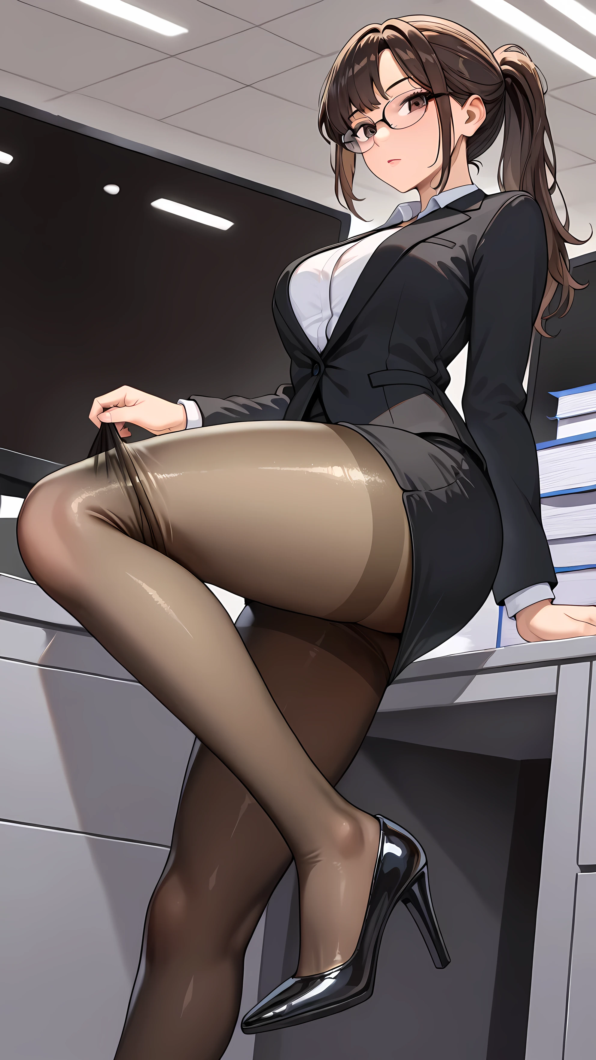 1girl, solo, office lady, white shirt, black suit, Glasses, ponytail, (((and pull down the black transparent pantyhose))), (((thigh pantyhose))), long hair, dark brown hair, foot, office background, sexy, short skirt, staring at the viewer, black high heels, the back is turned to the viewer, full of personality, seductive