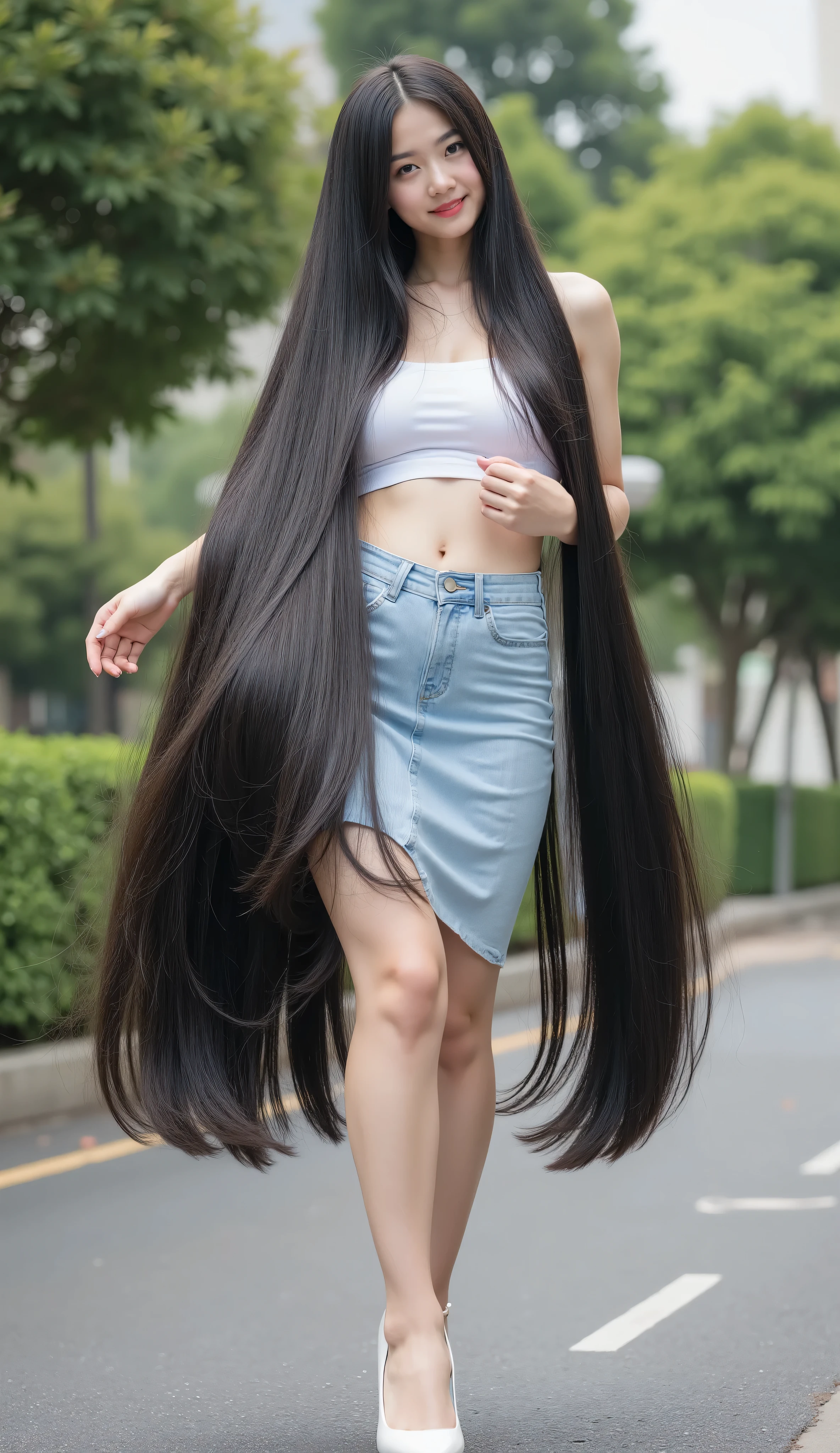 Ảnh cực kì rõ nét như thật. Very cute and young Asian girl with dimples.she is standing .She wears a very tight sleeveless and wireless white tube dress , matching tight denim miniskirts and white heels. She has the longest black hair .She has the longest light black hair length up to 32 meters. She wears a short tight white shirt , round butt and highest hips . light black hair .She has the highest definition , Caucasian .The background is the street in the garden. She spread her long, her hair is very thick and very long from her super long hair, even white teeth, strong ((Remote photo 32 meters)). Real Hand , 5 fingers naturally beautiful. ((Negative reminder: bad anatomy , bad hand , bad fingers, loss of fingers, extra fingers, fused finger , mutant hand, chi thừa, deformed fingers, distorted body, transparent , low quality, unrealistic hair , bad eyes, Bad teeth, boker effect))