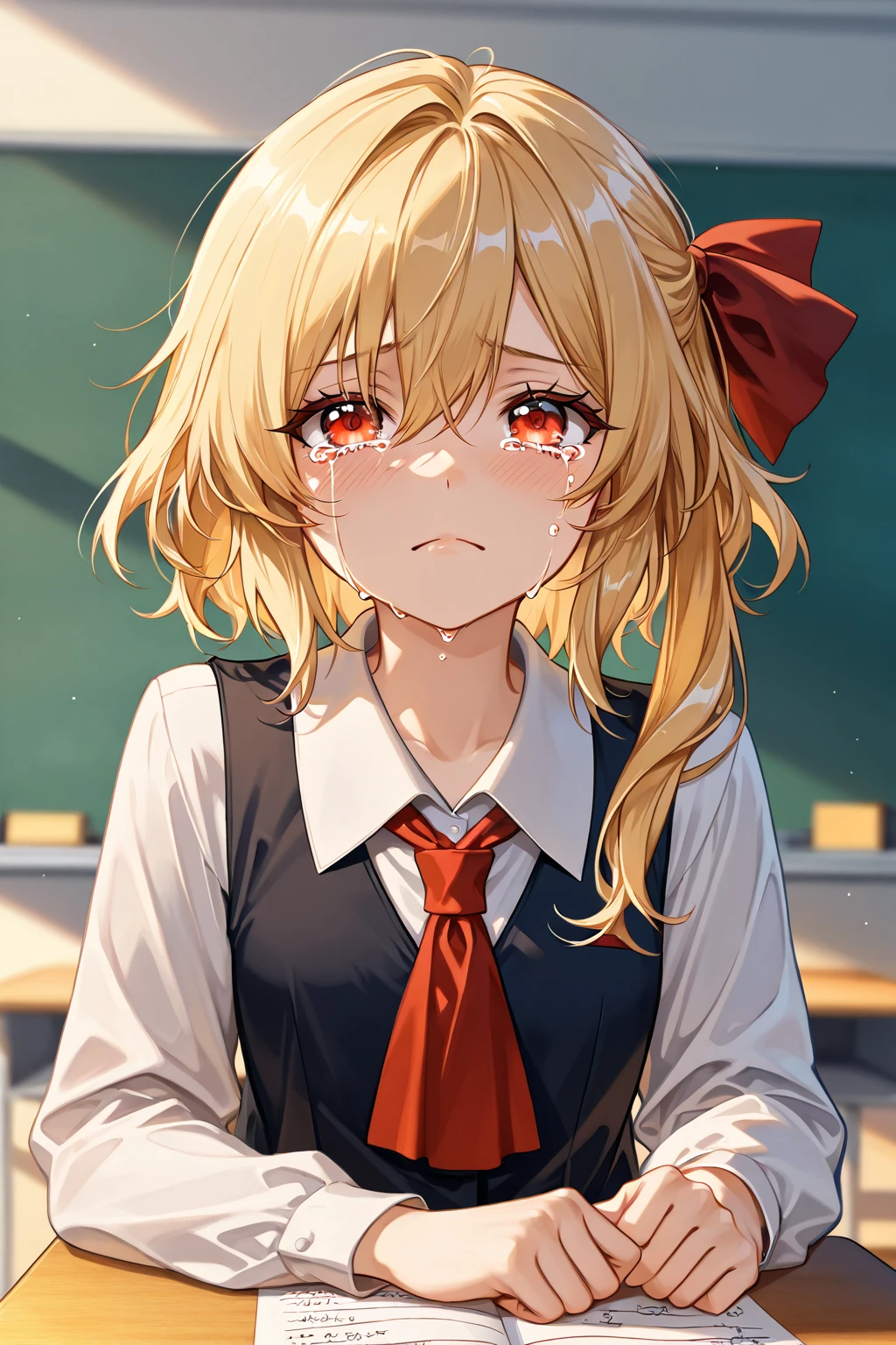 Mesugaki, junior high school girl, leaning forward, pout, tear
