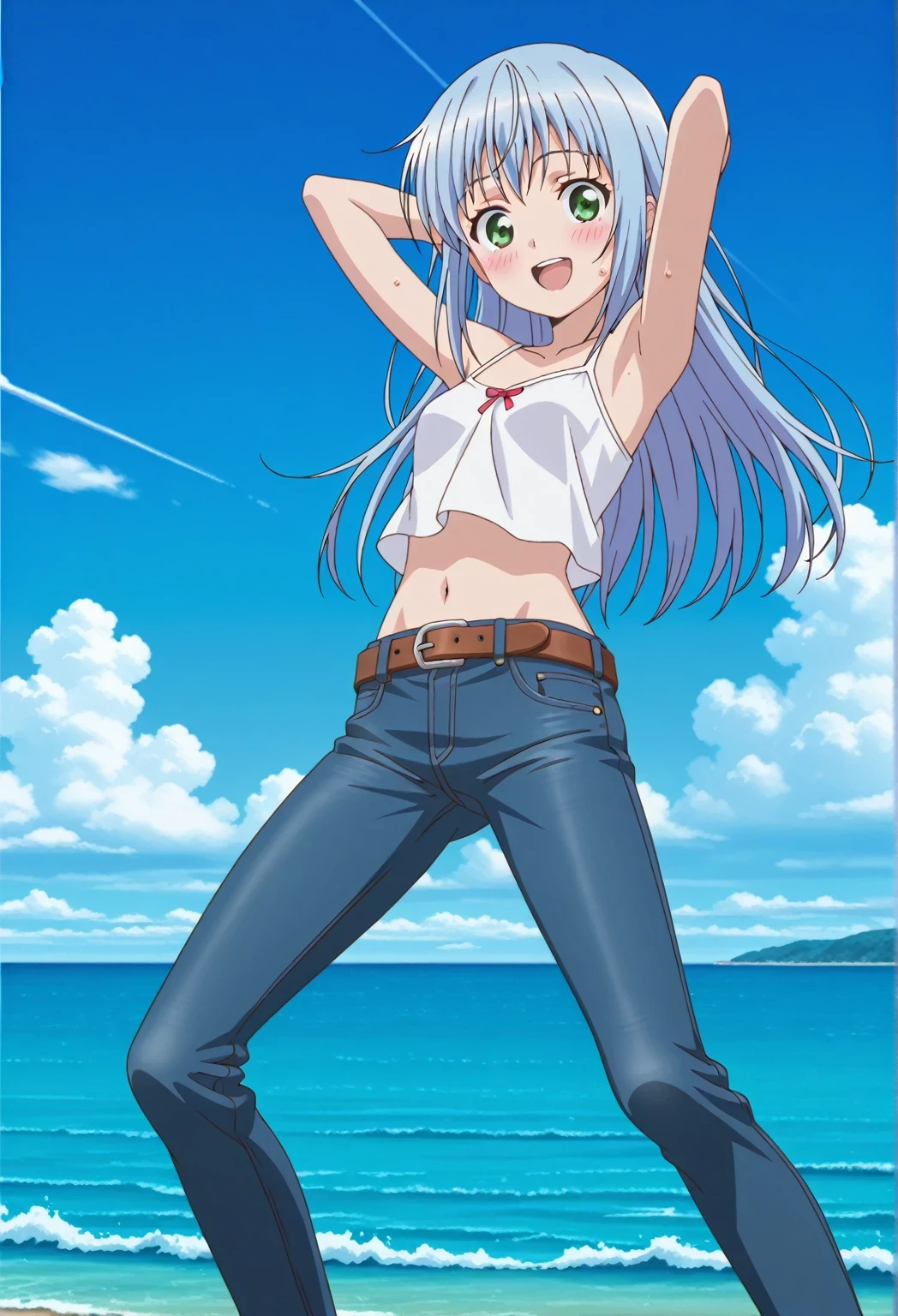 score_9, score_8_up, score_7_up, source_anime, highres, hi res, ((best quality, top quality, perfect quality, Highest Quality, amazing quality)), {{masterpiece}}, {{an extremely delicate and beautiful}}, 2d, intricate details, official style, anime, 8k, anime style, official_anime, official art, digital painting, cell shading, soft shading, high resolution, soothing tones, Subdued Color, Soft cinematic light, adobe lightroom, photolab, HDR, intricately and hyper-detailed, ((high quality animation)), 1 girl, Alone, solo, ((ocean)), tsunami, on the water, day, sunny, outdoors, sky, windy, index librorum prohibitorum, green eyes, light blue hair, long hair, anime screencap, small breasts, white camisole top, crop top, white crop top, best quality, hyper-detailed jeans, belt, brown belt, ((blue jeans:1.9)), (dark blue jeans:0.6), full medium body, medium shot, Open mouth, smiling, happy face, blush, sweat, standing, ((arms behind head:6.0)), bowlegged, jumping pose, action, looking at viewer, spread legs, Bend knees slightly, straight-on front view