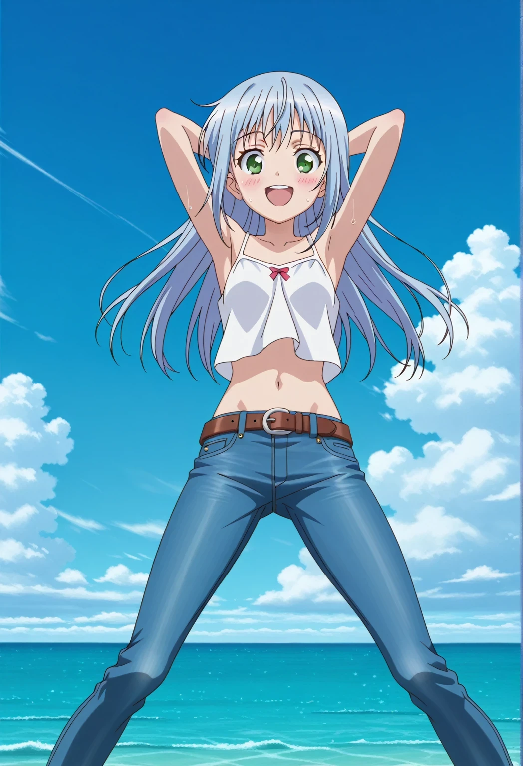 score_9, score_8_up, score_7_up, source_anime, highres, hi res, ((best quality, top quality, perfect quality, Highest Quality, amazing quality)), {{masterpiece}}, {{an extremely delicate and beautiful}}, 2d, intricate details, official style, anime, 8k, anime style, official_anime, official art, digital painting, cell shading, soft shading, high resolution, soothing tones, Subdued Color, Soft cinematic light, adobe lightroom, photolab, HDR, intricately and hyper-detailed, ((high quality animation)), 1 girl, Alone, solo, ((ocean)), tsunami, on the water, day, sunny, outdoors, sky, windy, index librorum prohibitorum, green eyes, light blue hair, long hair, anime screencap, small breasts, white camisole top, crop top, white crop top, best quality, hyper-detailed jeans, belt, brown belt, ((blue jeans:1.9)), (dark blue jeans:0.6), full medium body, medium shot, Open mouth, smiling, happy face, blush, sweat, standing, ((arms behind head:6.0)), bowlegged, jumping pose, action, looking at viewer, spread legs, Bend knees slightly, straight-on front view