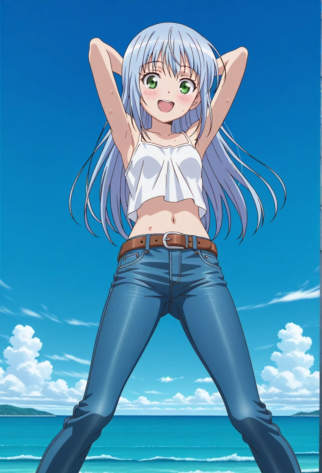 score_9, score_8_up, score_7_up, source_anime, highres, hi res, ((best quality, top quality, perfect quality, Highest Quality, amazing quality)), {{masterpiece}}, {{an extremely delicate and beautiful}}, 2d, intricate details, official style, anime, 8k, anime style, official_anime, official art, digital painting, cell shading, soft shading, high resolution, soothing tones, Subdued Color, Soft cinematic light, adobe lightroom, photolab, HDR, intricately and hyper-detailed, ((high quality animation)), 1 girl, Alone, solo, ((ocean)), tsunami, on the water, day, sunny, outdoors, sky, windy, index librorum prohibitorum, green eyes, light blue hair, long hair, anime screencap, small breasts, white camisole top, crop top, white crop top, best quality, hyper-detailed jeans, belt, brown belt, ((blue jeans:1.9)), (dark blue jeans:0.6), full medium body, medium shot, Open mouth, smiling, happy face, blush, sweat, standing, ((arms behind head:6.0)), bowlegged, jumping pose, action, looking at viewer, spread legs, Bend knees slightly, straight-on front view