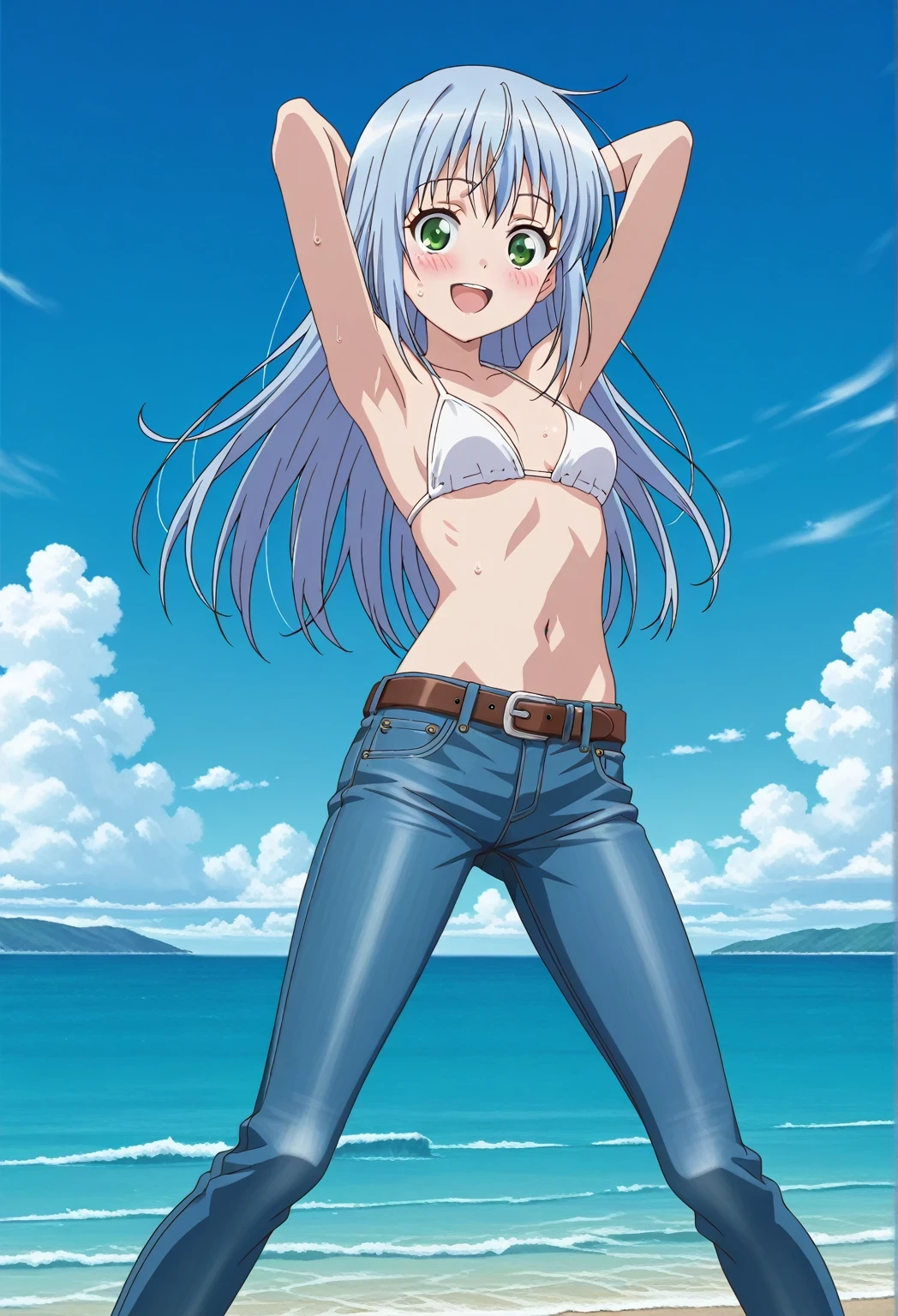 score_9, score_8_up, score_7_up, source_anime, highres, hi res, ((best quality, top quality, perfect quality, Highest Quality, amazing quality)), {{masterpiece}}, {{an extremely delicate and beautiful}}, 2d, intricate details, official style, anime, 8k, anime style, official_anime, official art, digital painting, cell shading, soft shading, high resolution, soothing tones, Subdued Color, Soft cinematic light, adobe lightroom, photolab, HDR, intricately and hyper-detailed, ((high quality animation)), 1 girl, Alone, solo, ((ocean)), tsunami, on the water, day, sunny, outdoors, sky, windy, index librorum prohibitorum, green eyes, light blue hair, long hair, anime screencap, small breasts, white bikini top, best quality, hyper-detailed jeans, belt, brown belt, ((blue jeans:1.9)), (dark blue jeans:0.6), full medium body, medium shot, Open mouth, smiling, happy face, blush, sweat, standing, ((arms behind head:6.0)), bowlegged, jumping pose, action, looking at viewer, spread legs, Bend knees slightly, straight-on front view