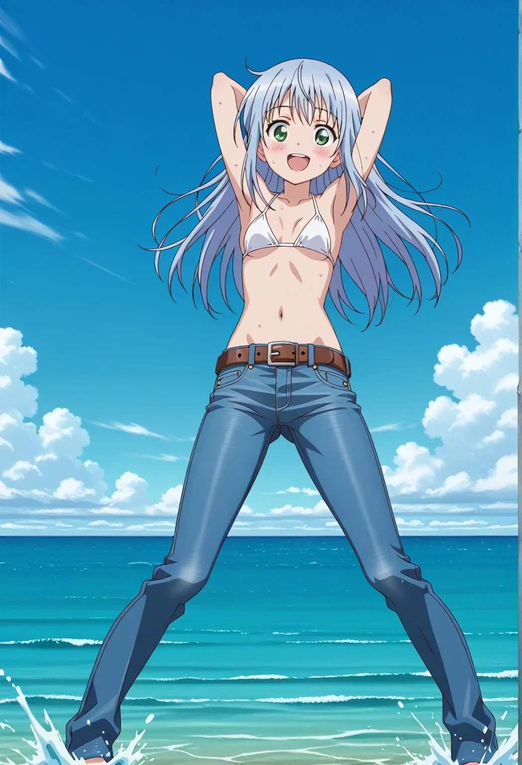 score_9, score_8_up, score_7_up, source_anime, highres, hi res, ((best quality, top quality, perfect quality, Highest Quality, amazing quality)), {{masterpiece}}, {{an extremely delicate and beautiful}}, 2d, intricate details, official style, anime, 8k, anime style, official_anime, official art, digital painting, cell shading, soft shading, high resolution, soothing tones, Subdued Color, Soft cinematic light, adobe lightroom, photolab, HDR, intricately and hyper-detailed, ((high quality animation)), 1 girl, Alone, solo, ((ocean)), tsunami, on the water, day, sunny, outdoors, sky, windy, index librorum prohibitorum, green eyes, light blue hair, long hair, anime screencap, small breasts, white bikini top, best quality, hyper-detailed jeans, belt, brown belt, ((blue jeans:1.9)), (dark blue jeans:0.6), full medium body, medium shot, Open mouth, smiling, happy face, blush, sweat, standing, ((arms behind head:6.0)), bowlegged, jumping pose, action, looking at viewer, spread legs, Bend knees slightly, straight-on front view