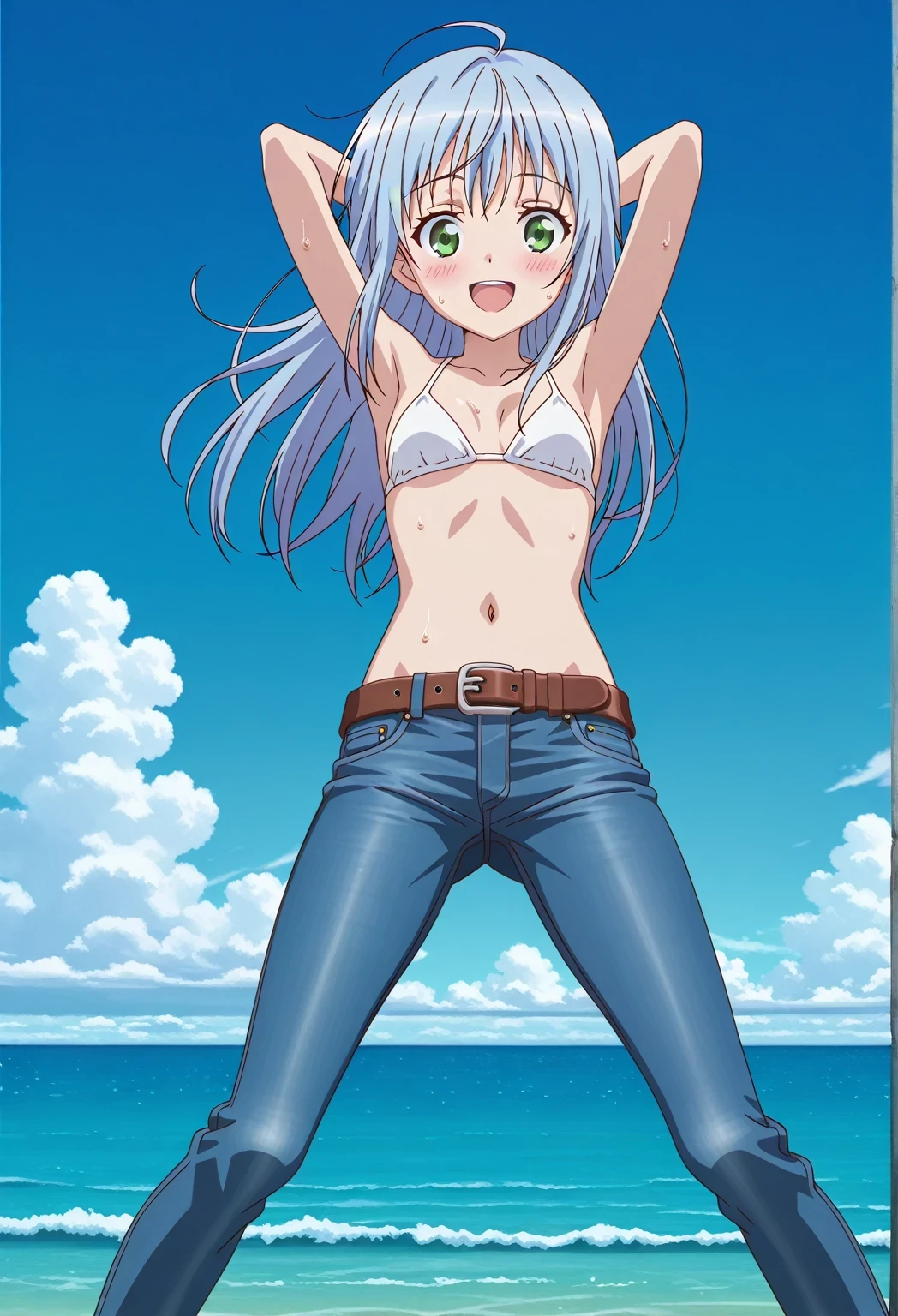 score_9, score_8_up, score_7_up, source_anime, highres, hi res, ((best quality, top quality, perfect quality, Highest Quality, amazing quality)), {{masterpiece}}, {{an extremely delicate and beautiful}}, 2d, intricate details, official style, anime, 8k, anime style, official_anime, official art, digital painting, cell shading, soft shading, high resolution, soothing tones, Subdued Color, Soft cinematic light, adobe lightroom, photolab, HDR, intricately and hyper-detailed, ((high quality animation)), 1 girl, Alone, solo, ((ocean)), tsunami, on the water, day, sunny, outdoors, sky, windy, index librorum prohibitorum, green eyes, light blue hair, long hair, anime screencap, small breasts, white bikini top, best quality, hyper-detailed jeans, belt, brown belt, ((blue jeans:1.9)), (dark blue jeans:0.6), full medium body, medium shot, Open mouth, smiling, happy face, blush, sweat, standing, ((arms behind head:6.0)), bowlegged, jumping pose, action, looking at viewer, spread legs, Bend knees slightly, straight-on front view