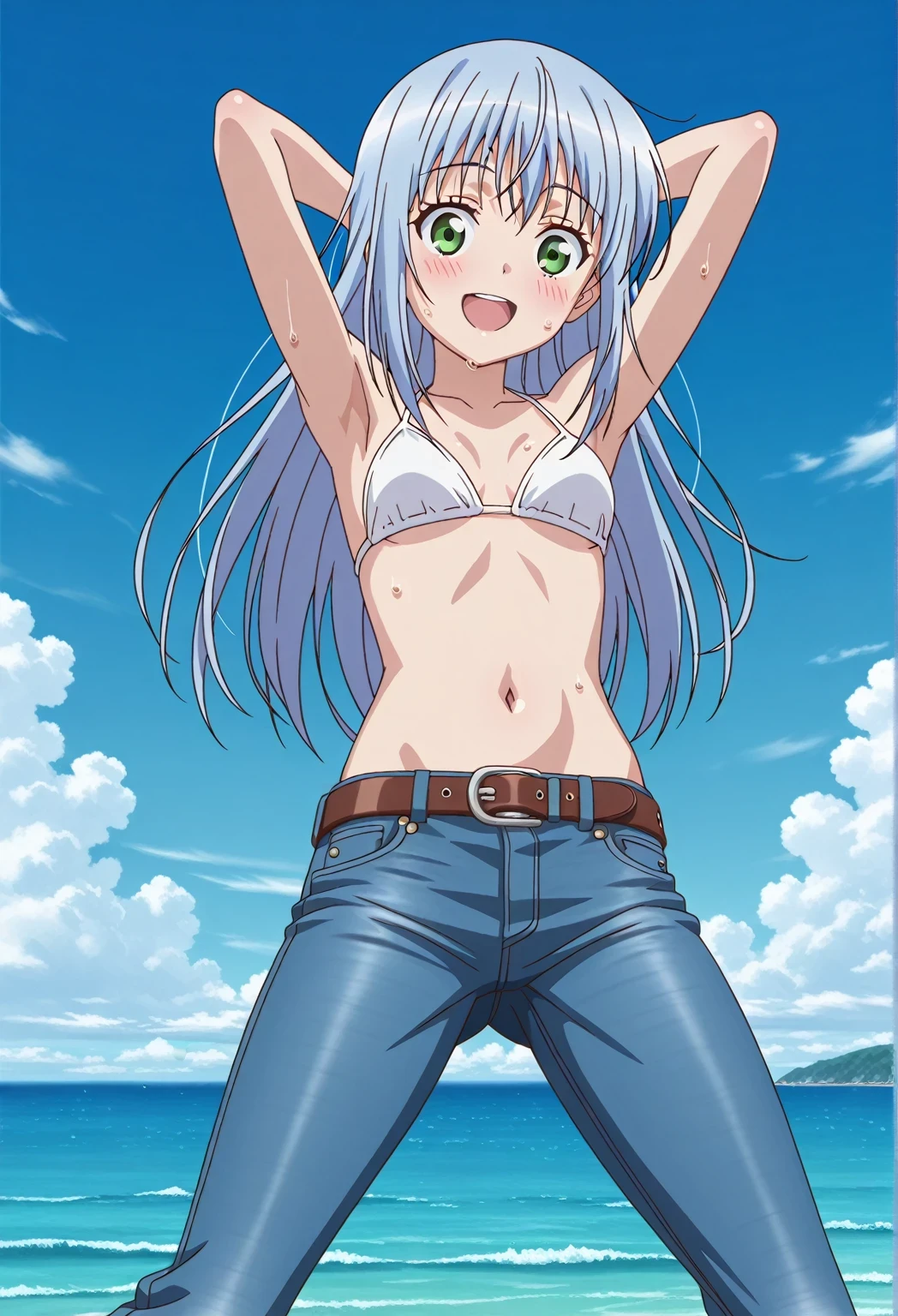 score_9, score_8_up, score_7_up, source_anime, highres, hi res, ((best quality, top quality, perfect quality, Highest Quality, amazing quality)), {{masterpiece}}, {{an extremely delicate and beautiful}}, 2d, intricate details, official style, anime, 8k, anime style, official_anime, official art, digital painting, cell shading, soft shading, high resolution, soothing tones, Subdued Color, Soft cinematic light, adobe lightroom, photolab, HDR, intricately and hyper-detailed, ((high quality animation)), 1 girl, Alone, solo, ((ocean)), tsunami, on the water, day, sunny, outdoors, sky, windy, index librorum prohibitorum, green eyes, light blue hair, long hair, anime screencap, small breasts, white bikini top, best quality, hyper-detailed jeans, belt, brown belt, ((blue jeans:1.9)), (dark blue jeans:0.6), full medium body, medium shot, Open mouth, smiling, happy face, blush, sweat, standing, ((arms behind head:6.0)), bowlegged, jumping pose, action, looking at viewer, spread legs, Bend knees slightly, straight-on front view