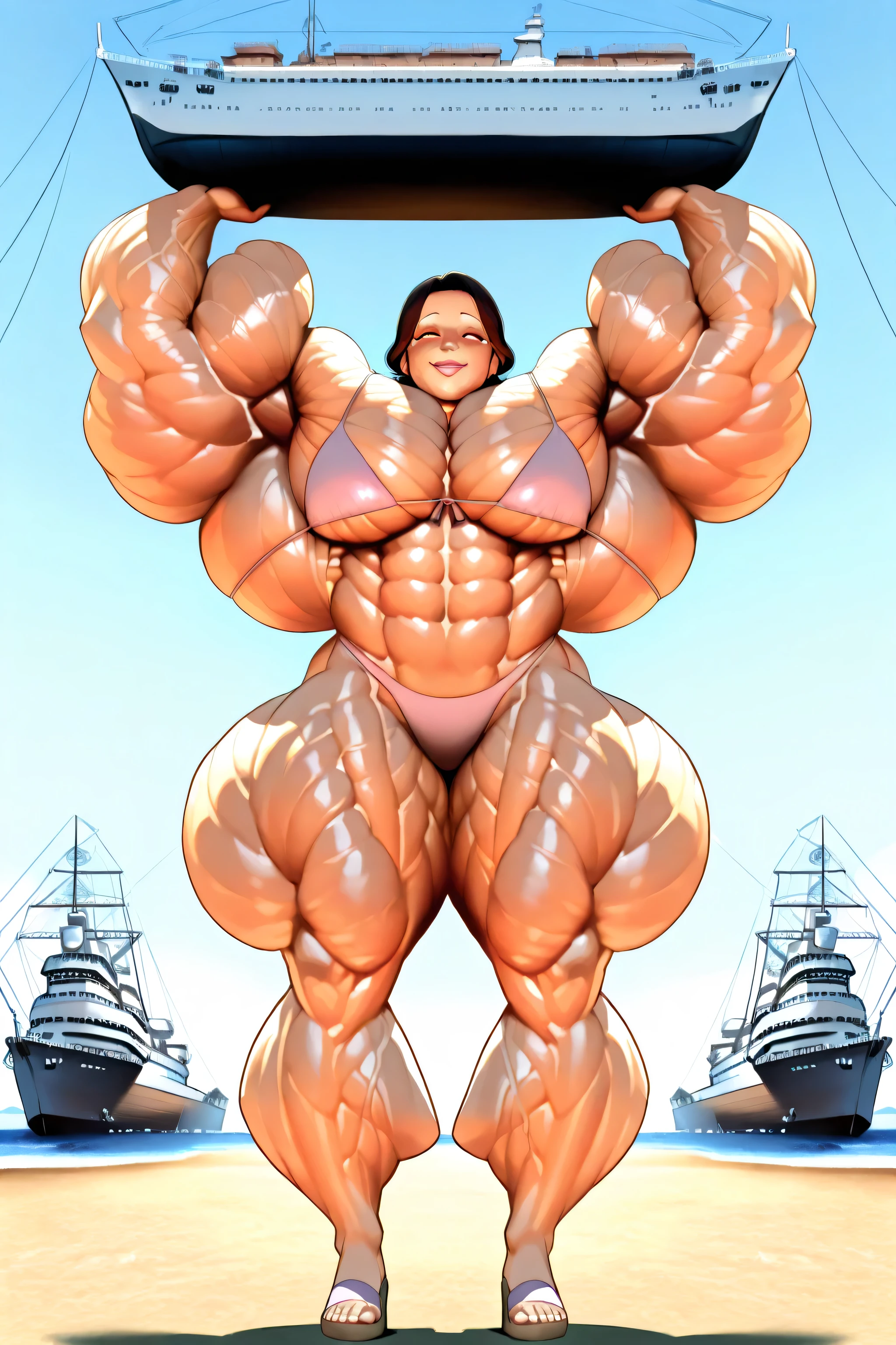 Hyper muscular female flexing gigantic muscles at the beach, feat of strength, bikini, (chin, lips, nose, eyes, smiling: 1.5), (beautiful mature female face: 1.5), neck, shortstack, playing with cargo ship, lifting cargo ship overhead with hands, arms up, full body, cargo ship partial, cargo ship out of frame, gigantic cargo ship overhead, low angle view