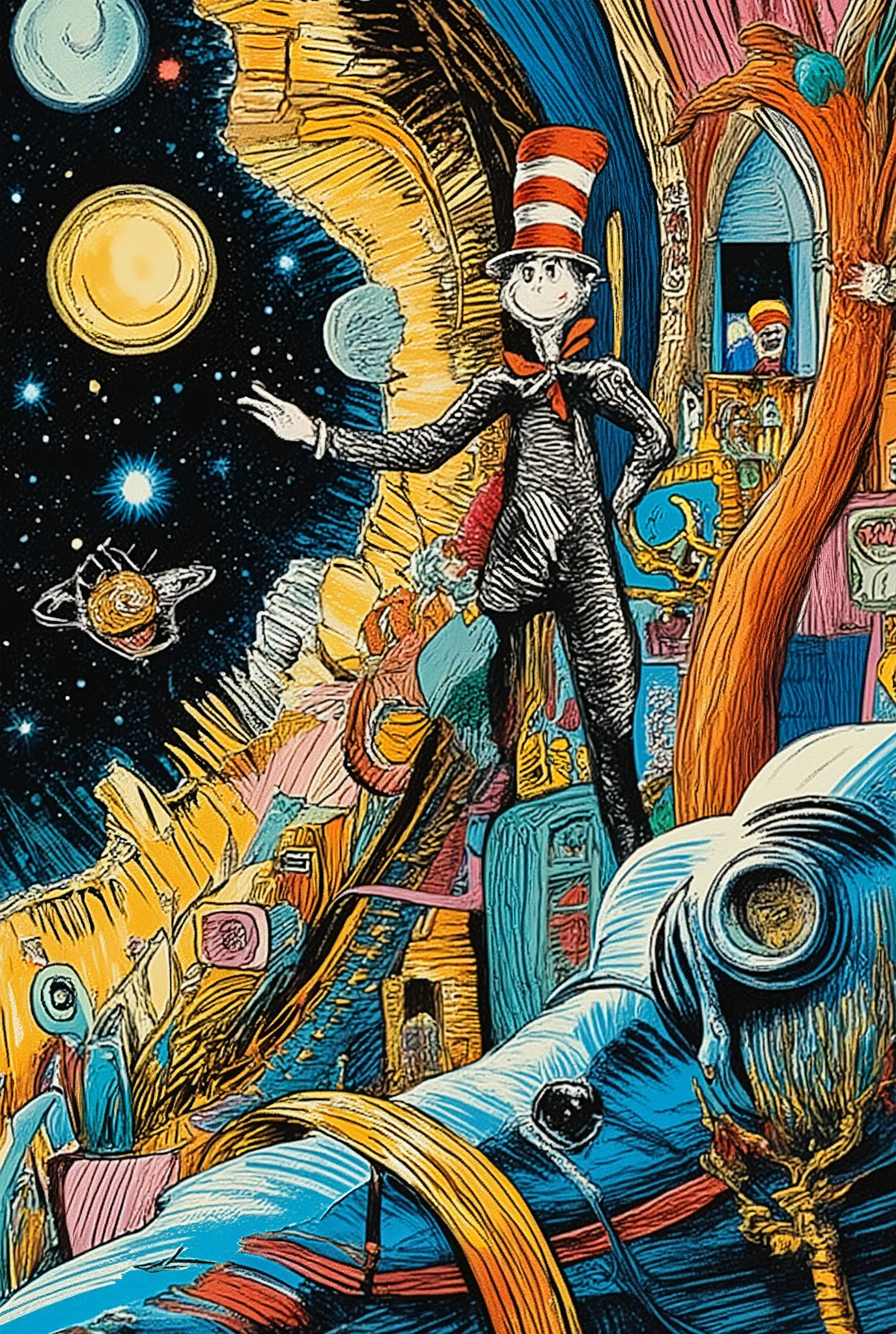 Avant-garde, Dr Seuss style, intersellar outerspace, glimpsing the singularity, create an image inspired by verse: vast and expansive appealing and gravitating gravitational pulling retro mixtape steampunk line hatched brush liner analog grain mythical fantasy pointillism line hatching hybrid flat vector style